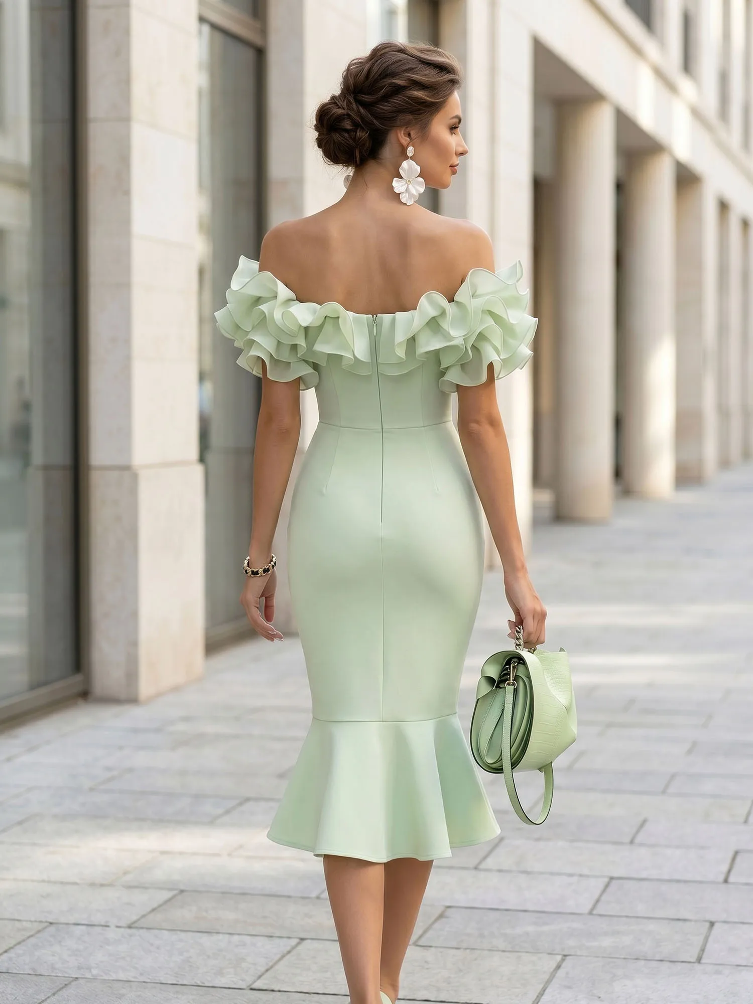 Off-the-Shoulder Ruffle Midi Midi Cocktail Dress Evening Dress