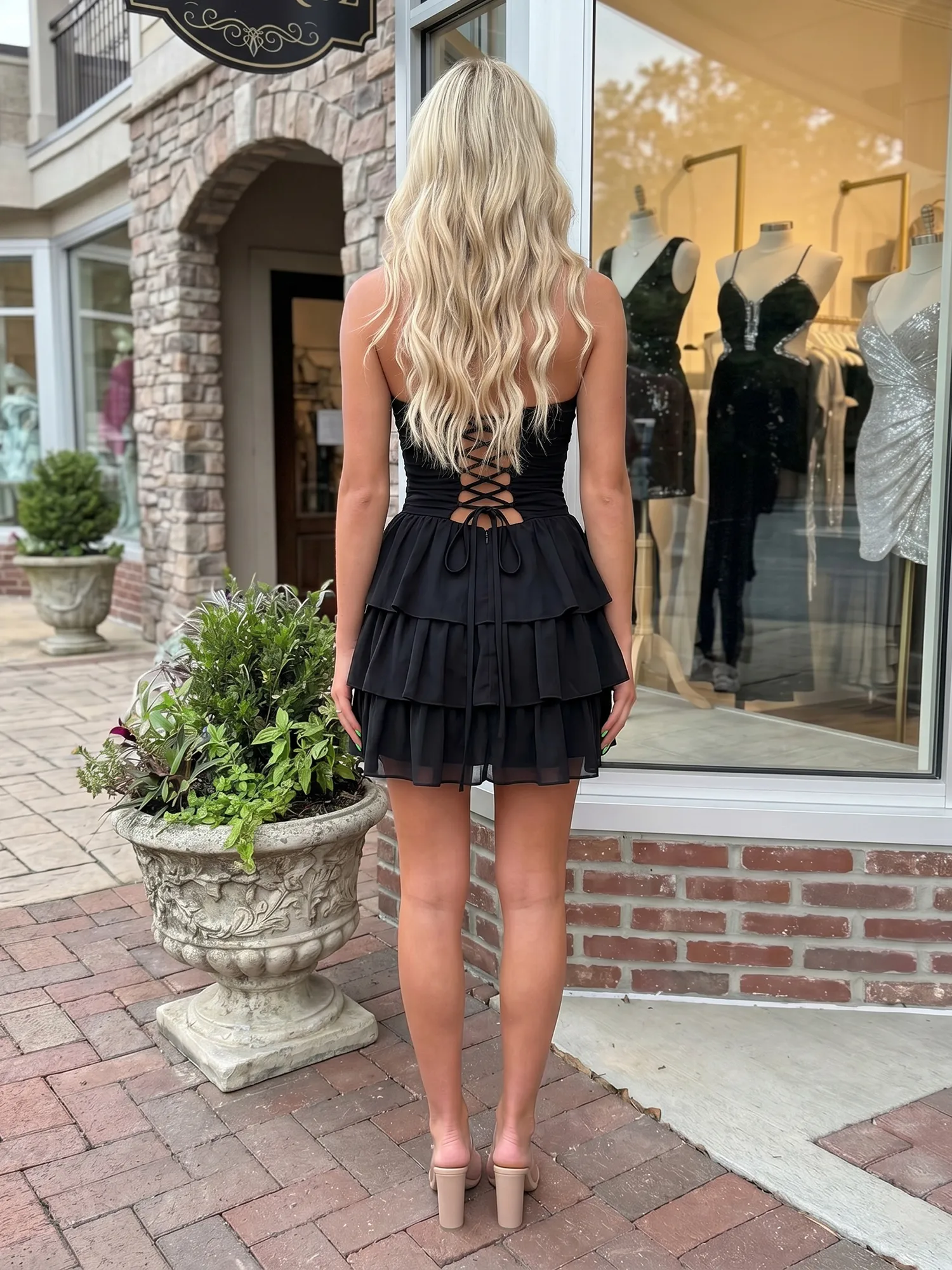 Strapless Cutout Tiered Ruffle Chiffon Homecoming Dress