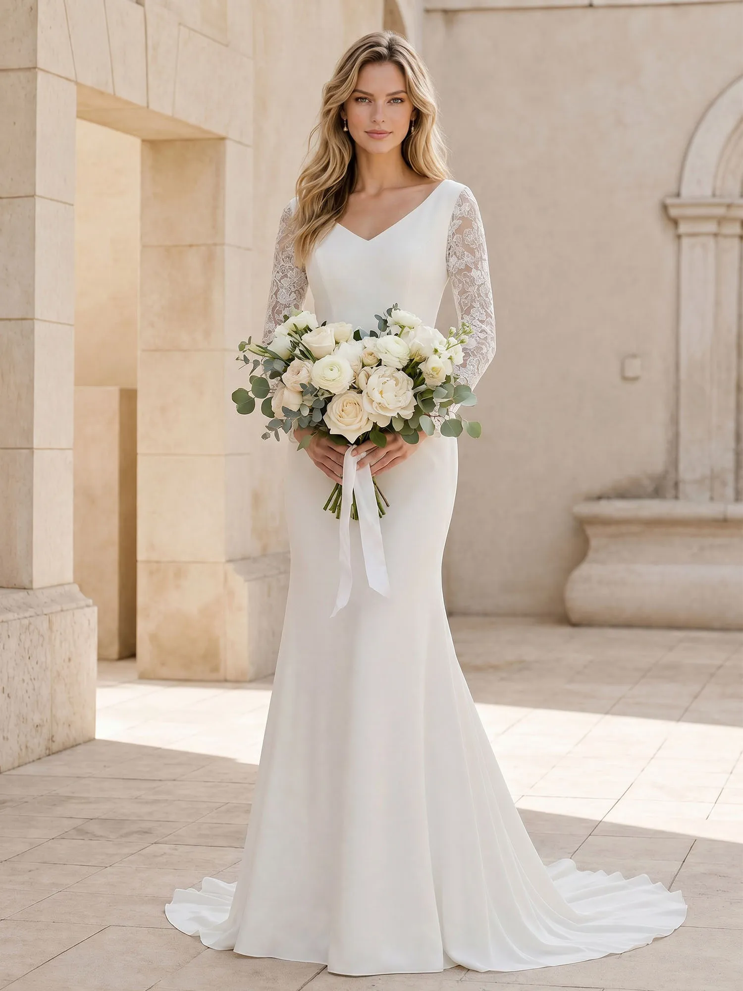 V Neck Long Lace Sleeve Mermaid Crepe Wedding Dress
