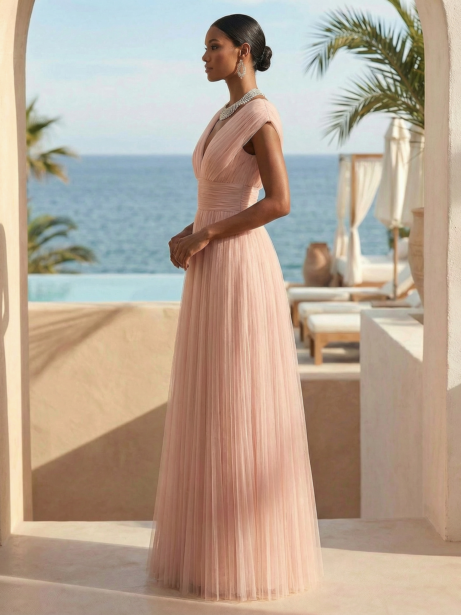 Vintage Rose Formal Dress A-Line V-Neck Pleated Tulle Maxi Dress
