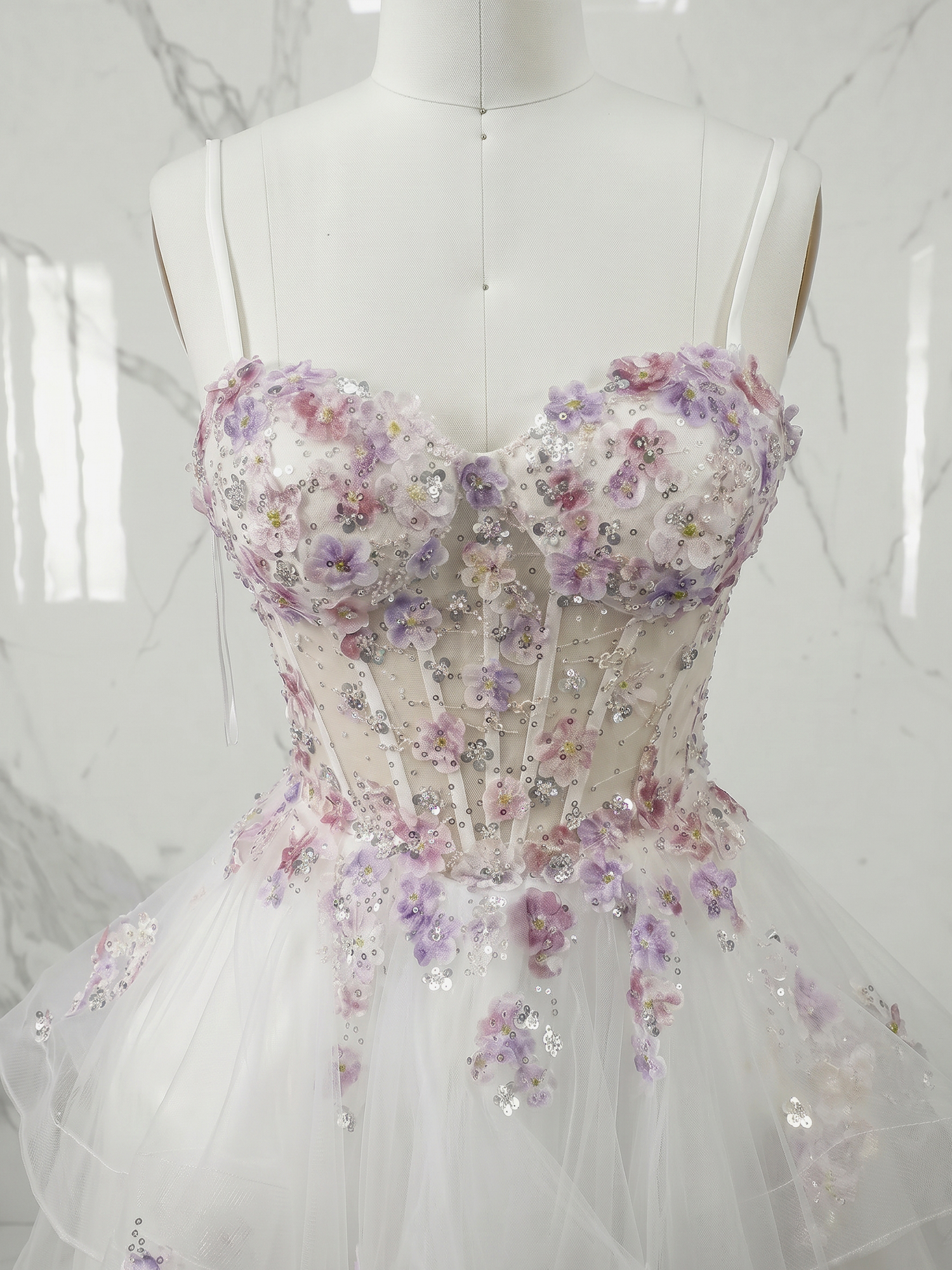 Lavender Mist 3D Floral Corset Tiered Mini Dress with Slender Straps Homecoming Dress