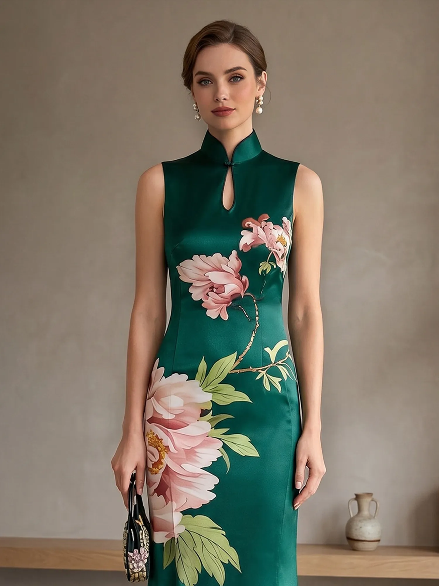 Satin Qipao-Inspired Floral Mermaid Evening Gown