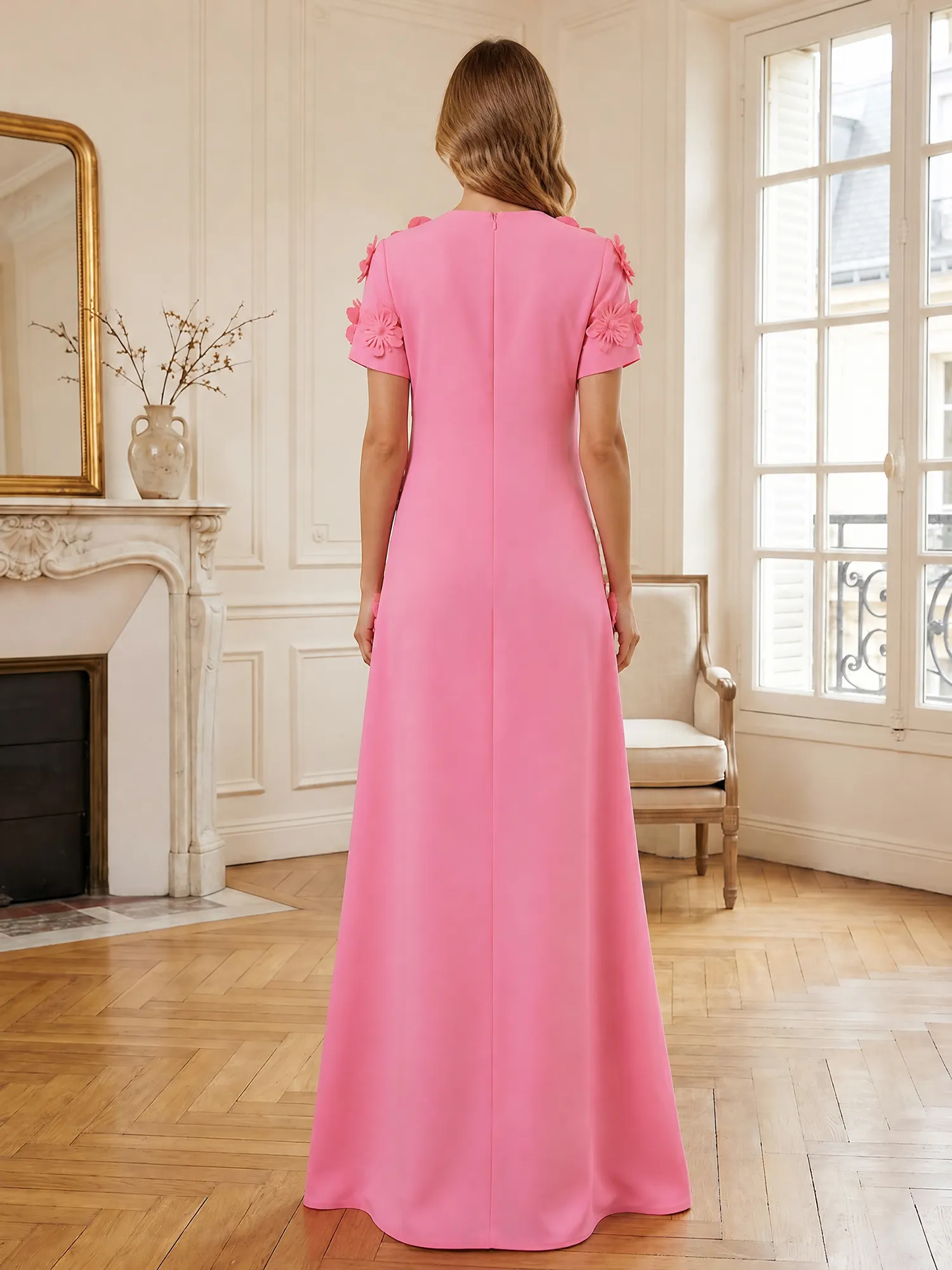 3D Floral Applique Short-Sleeve Column Evening Gown
