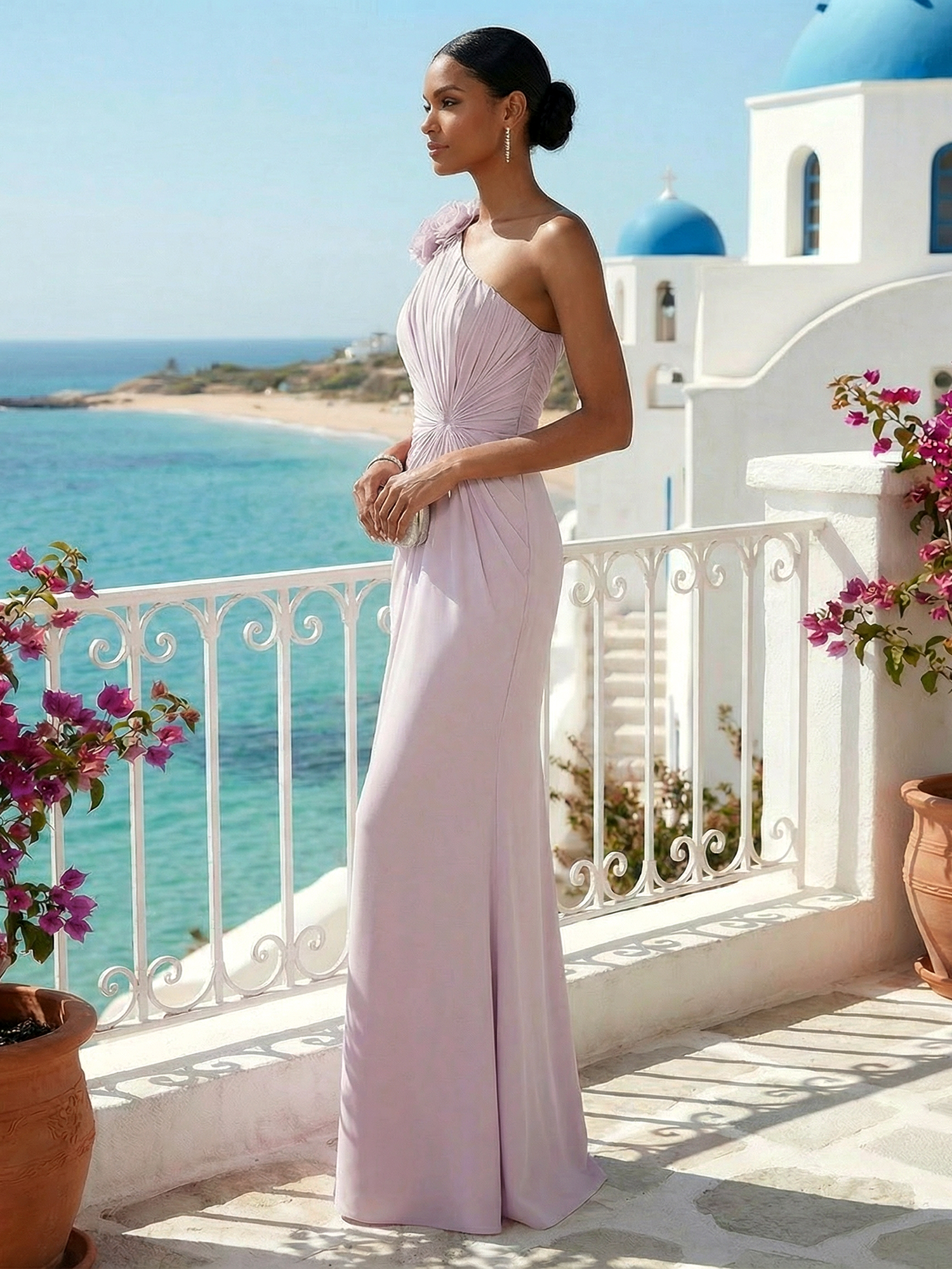 Purple Gathered 3D Floral Knit One Shoulder Sleeveless Sheath Maxi Dress