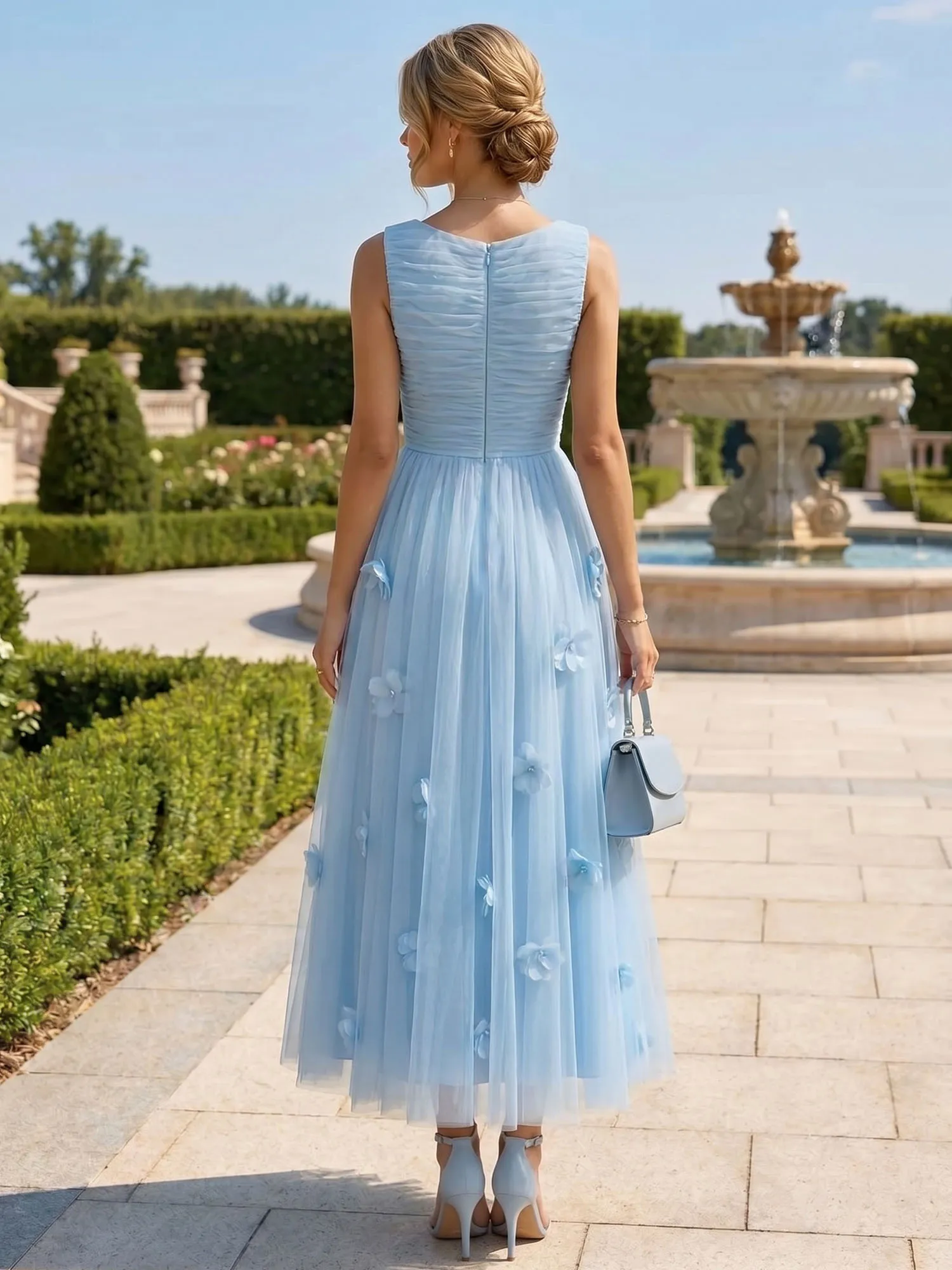 A Line Sleeveless Tulle Midi Dress with 3D Floral Appliqués