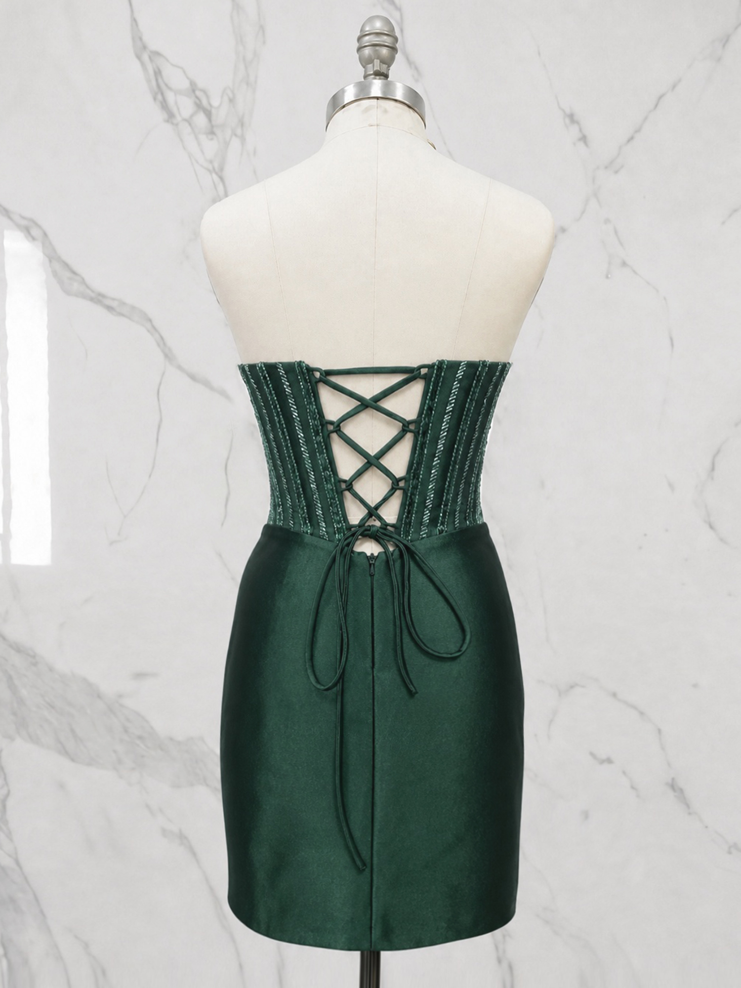 Strapless Beaded Corset Homecoming Dress with Ruched Skirt