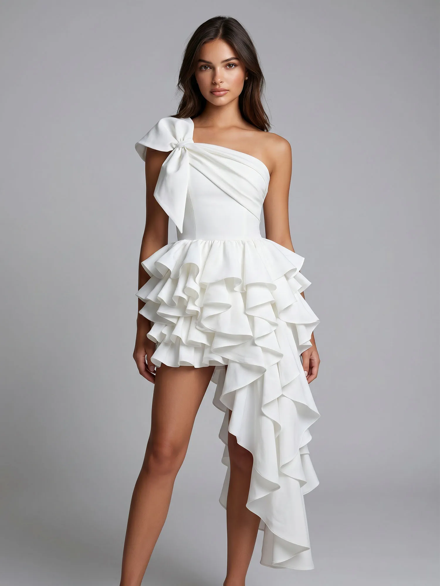 One-Shoulder Bow Tiered Ruffle Asymmetrical Homecoming Dress