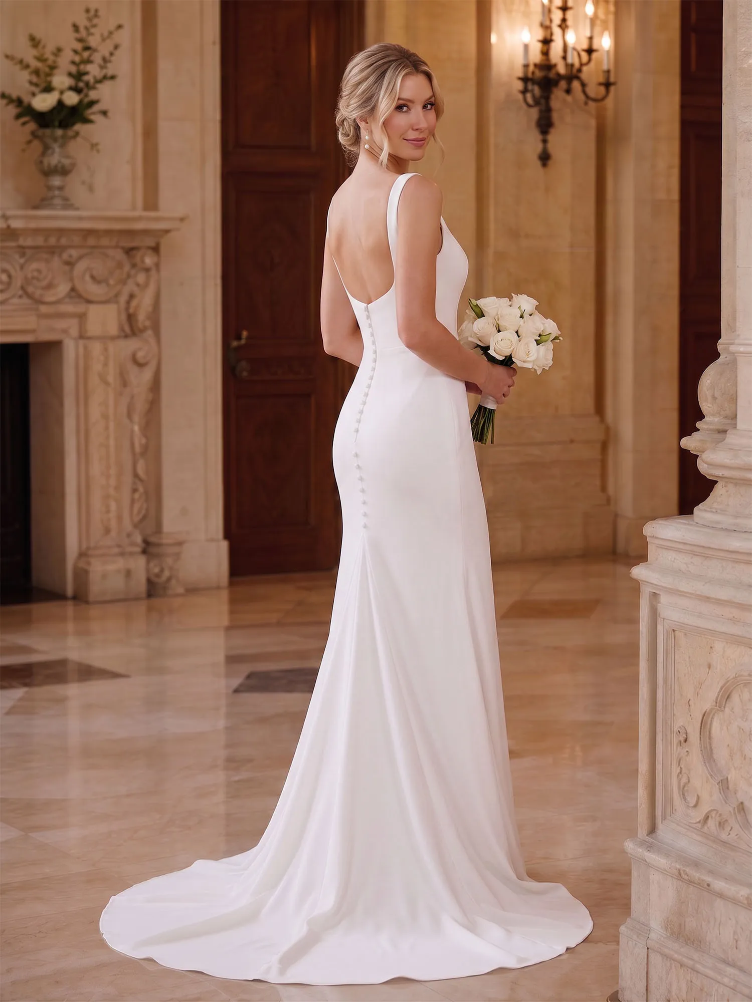 White Satin Cowl Neck Mermaid Wedding Dress