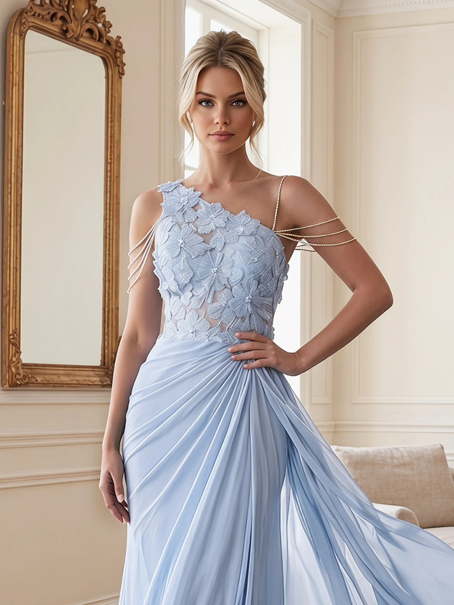 One-Shoulder Floral Lace Chiffon Evening Gown