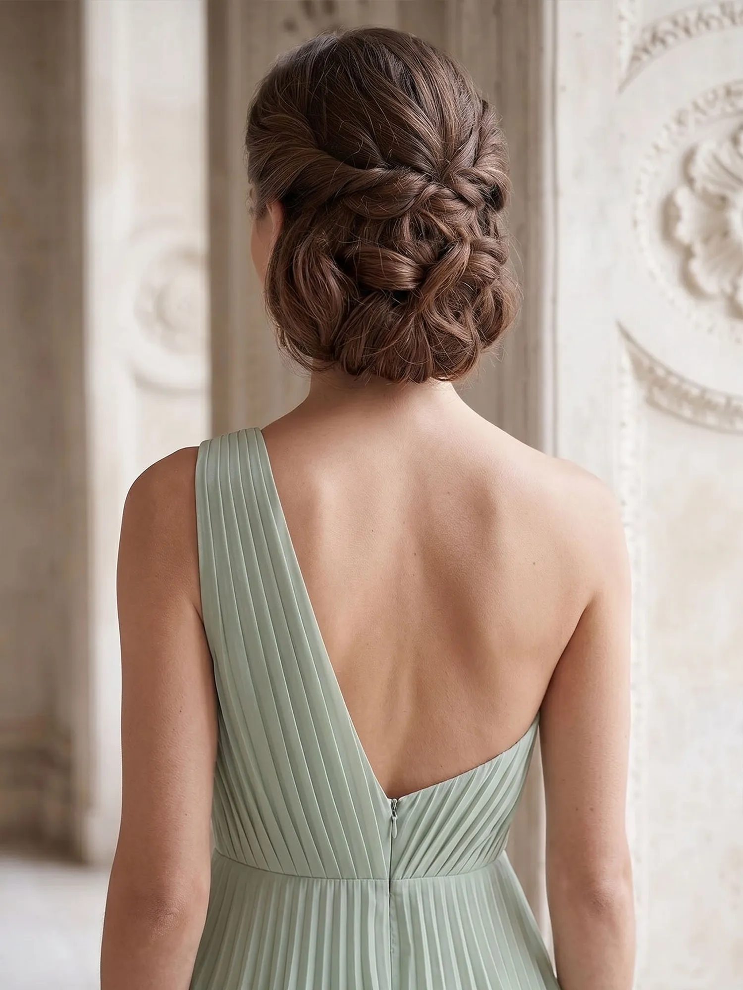 One-Shoulder Tiered Pleated Chiffon Evening Gown