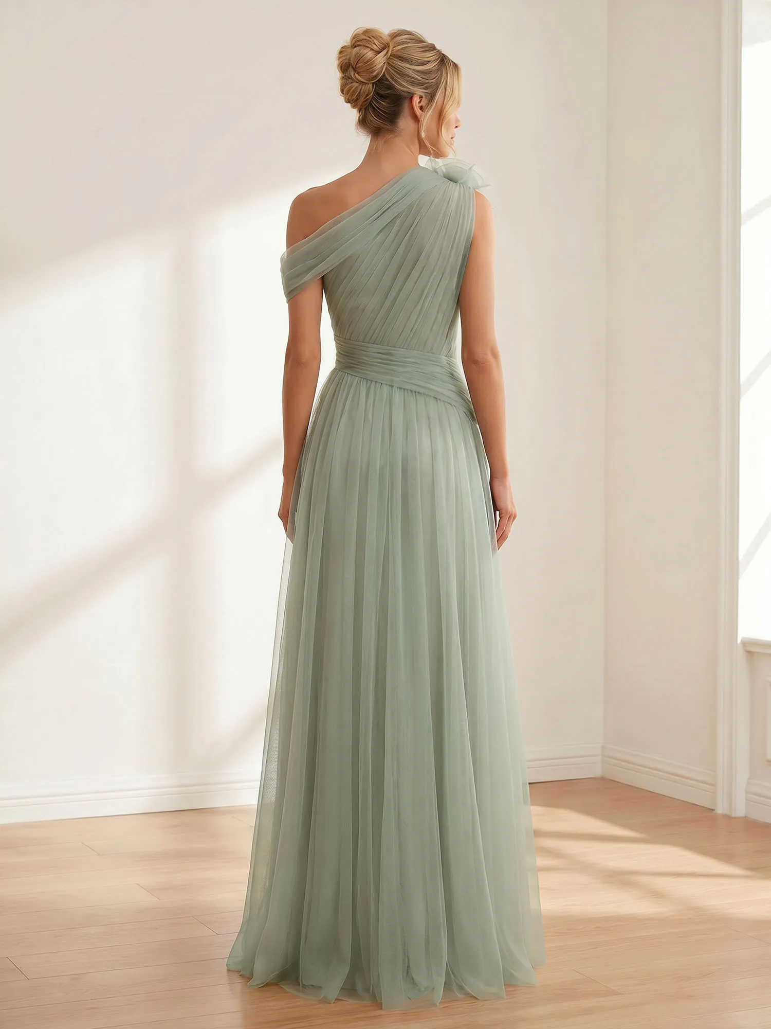 One-Shoulder Tulle Evening Gown with Floral Accent