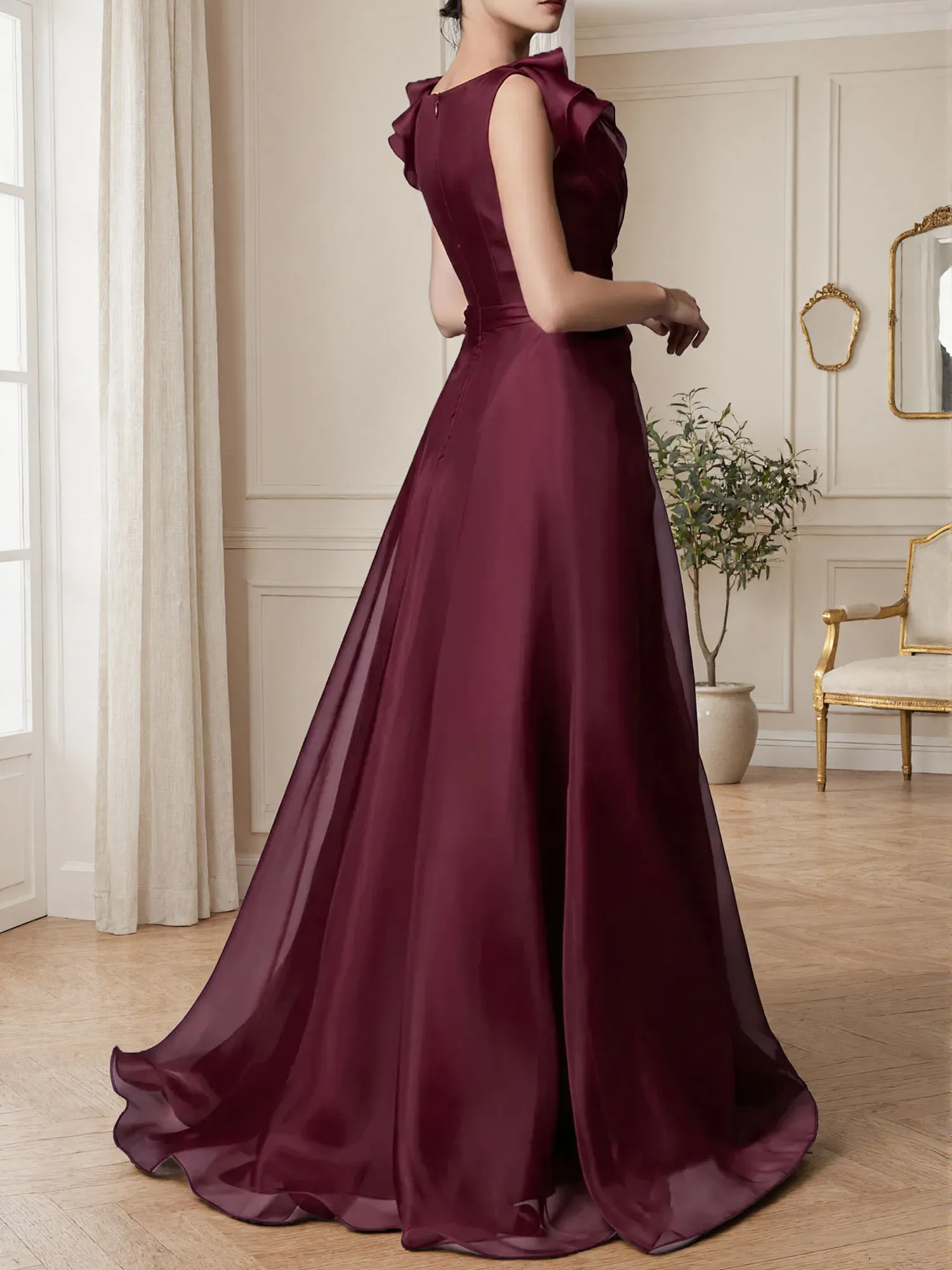 A Line Ruched Draped Tulle Evening Gown
