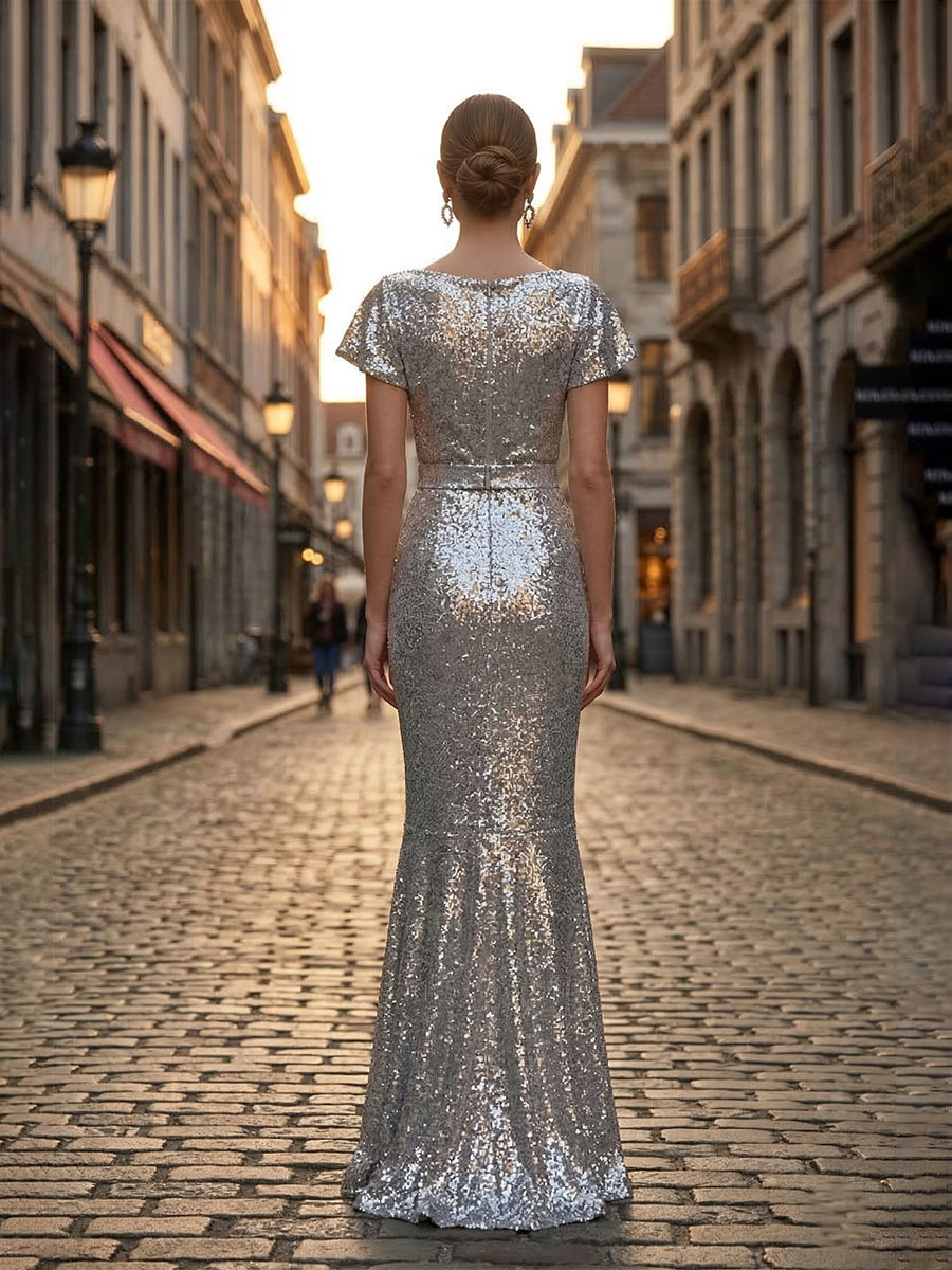 Glamorous Silver Sequin Flutter Sleeve Bow Mermaid Maxi Dress Gown