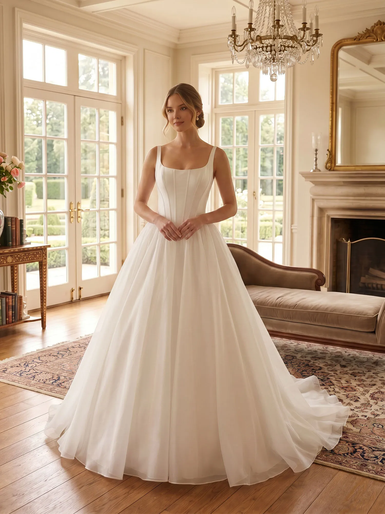 White Square Neck Corset A-Line Wedding Dress
