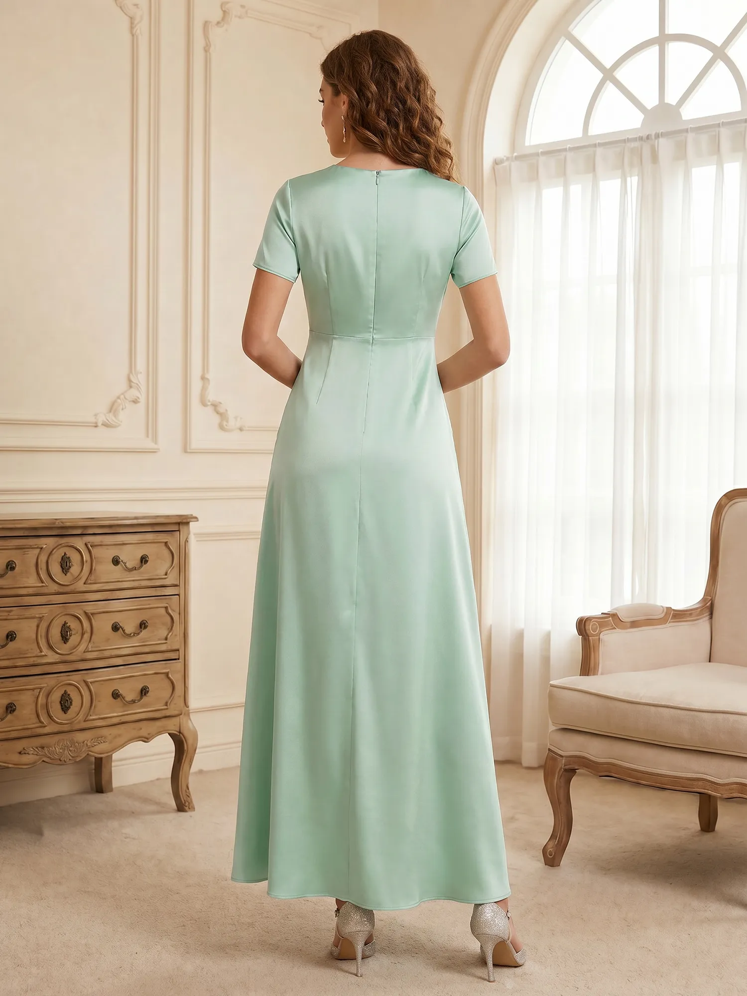 Round Neck Short Sleeve Satin Bridesmaid Dress