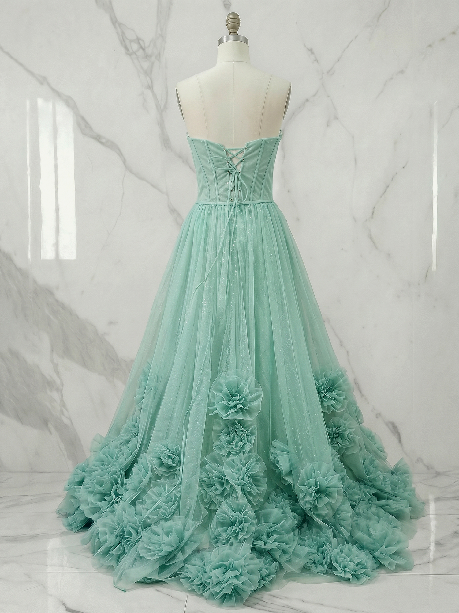 Romantic Formal Dress Red 3D Floral Corset Tulle Evening Gown