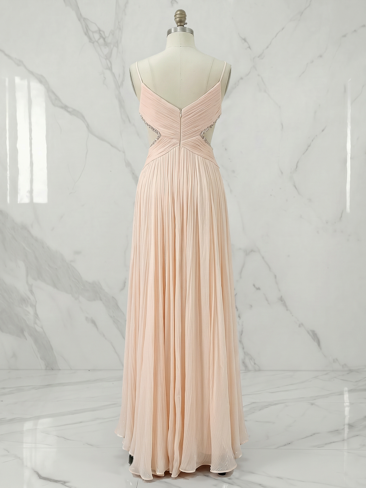 Radiant Blush Champagne Pleated Cutout Maxi Evening Gown