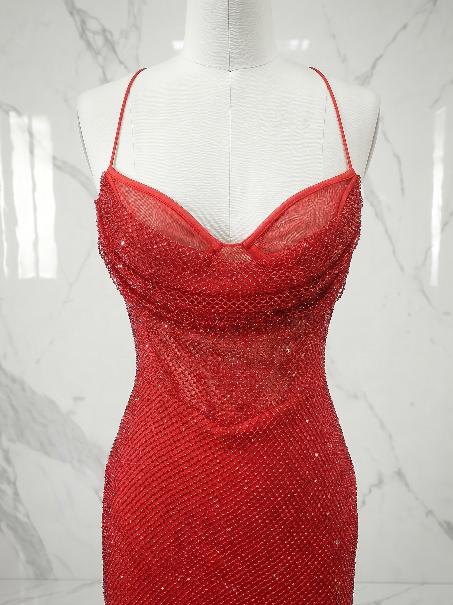 Glamorous Red Sequin Cowl Neck Long Prom Dress with Slit
