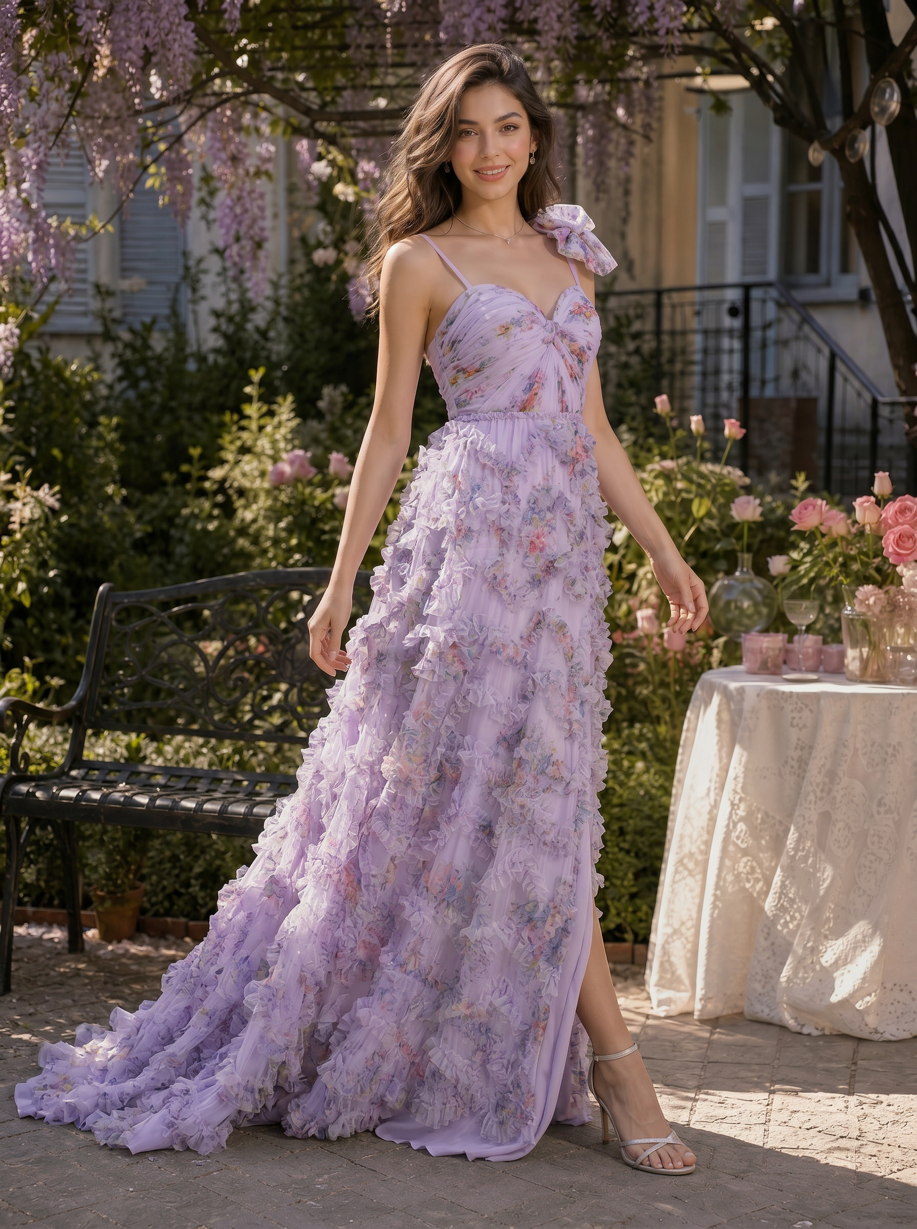 Ethereal Watercolor Floral 3D Ruffled Slit Evening Formal Gown