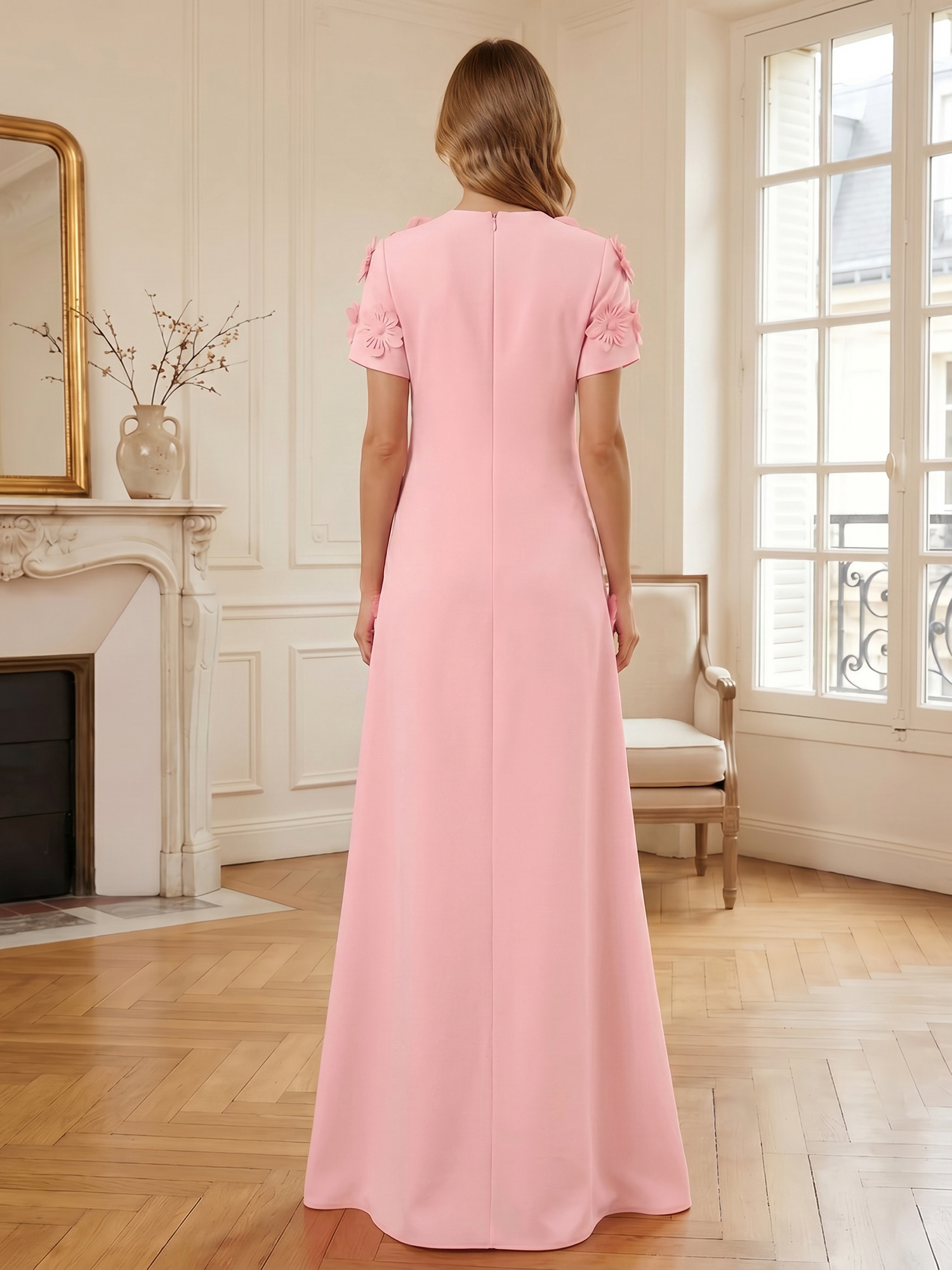 3D Floral Applique Short-Sleeve Column Evening Gown