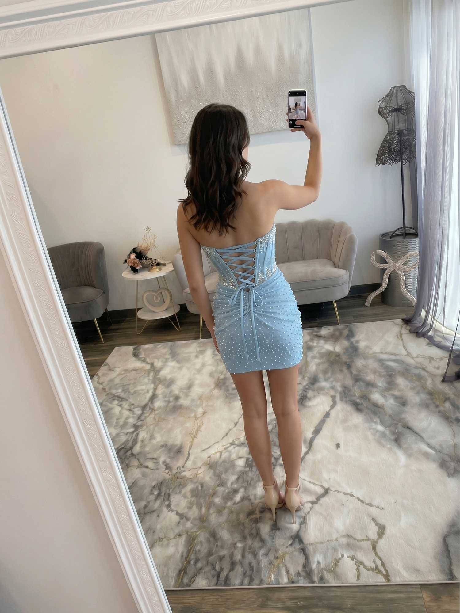 Lilac Pearl-Embellished Ruched Corset Short Homecoming Dress