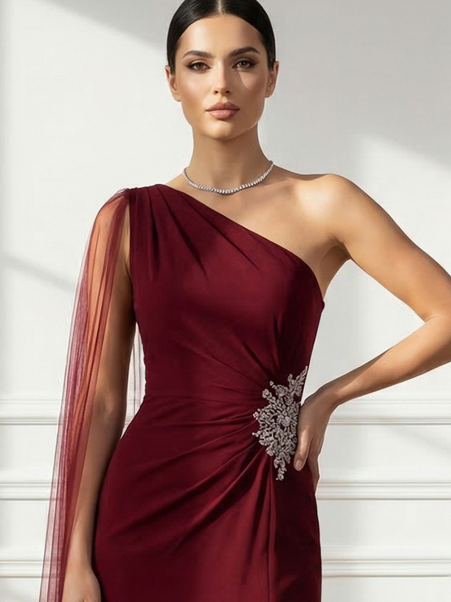 Formal Evening Dress Burgundy One Shoulder Slit Maxi Dress Gown