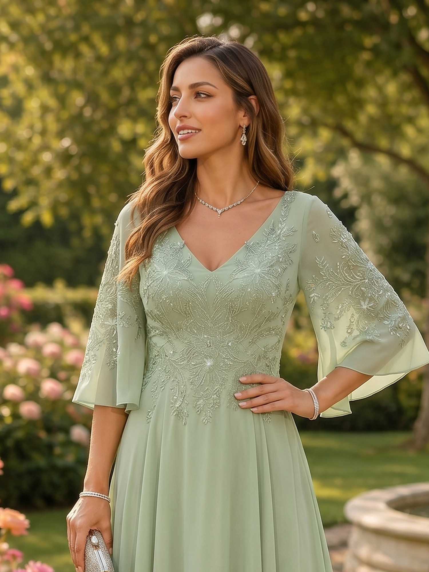 Sage Green A-Line Chiffon 3/4 Flutter Sleeves Mother of the Bride & Groom Dresses 