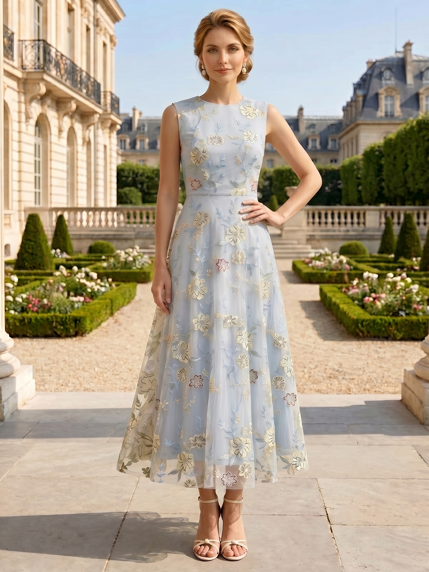 Elegant Blue Floral Embroidered A-Line Mother of the Bride & Groom Dresses