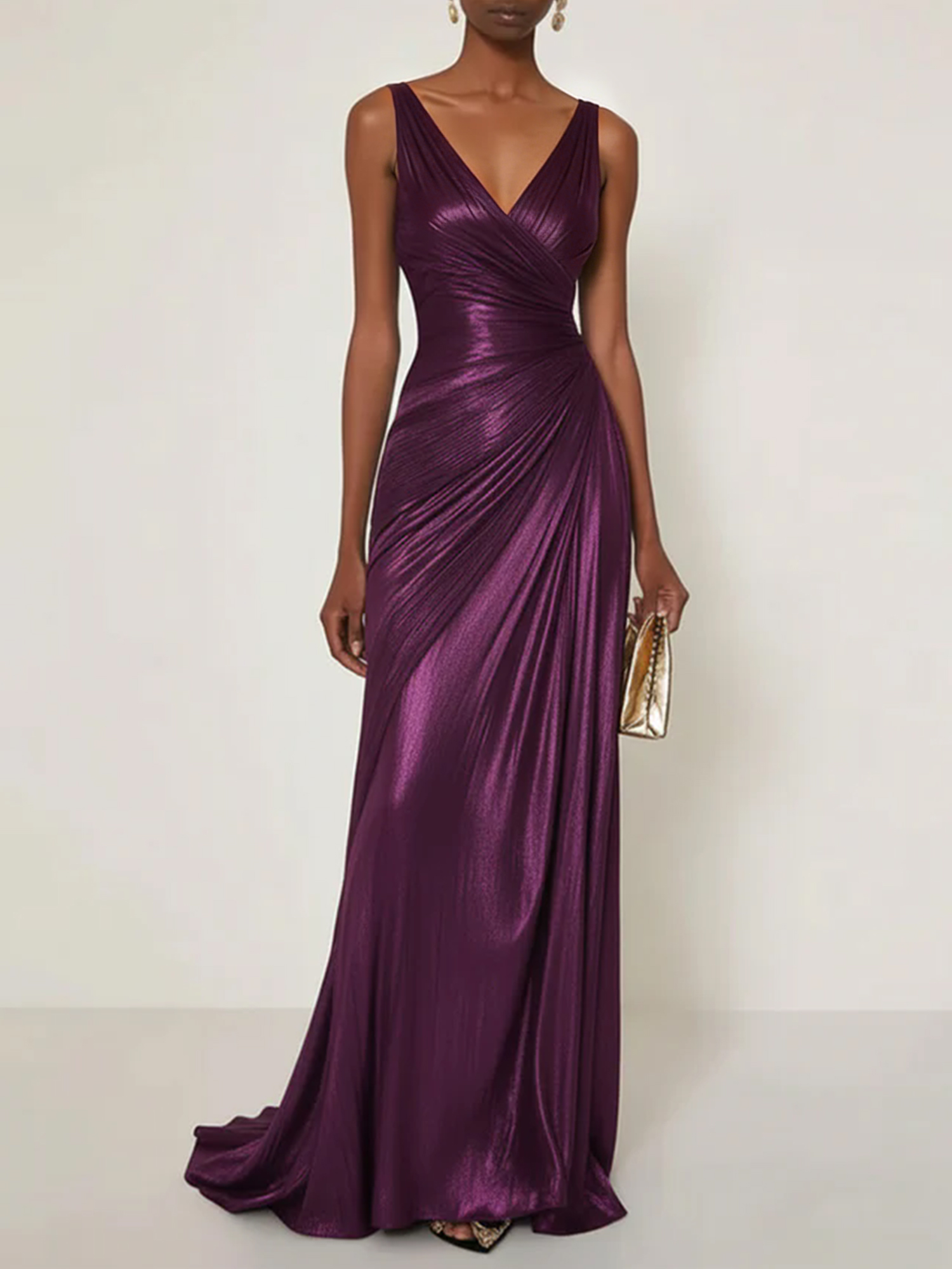Evening Formal Dress V Neck Silk Ruffles Maxi Dress Gown