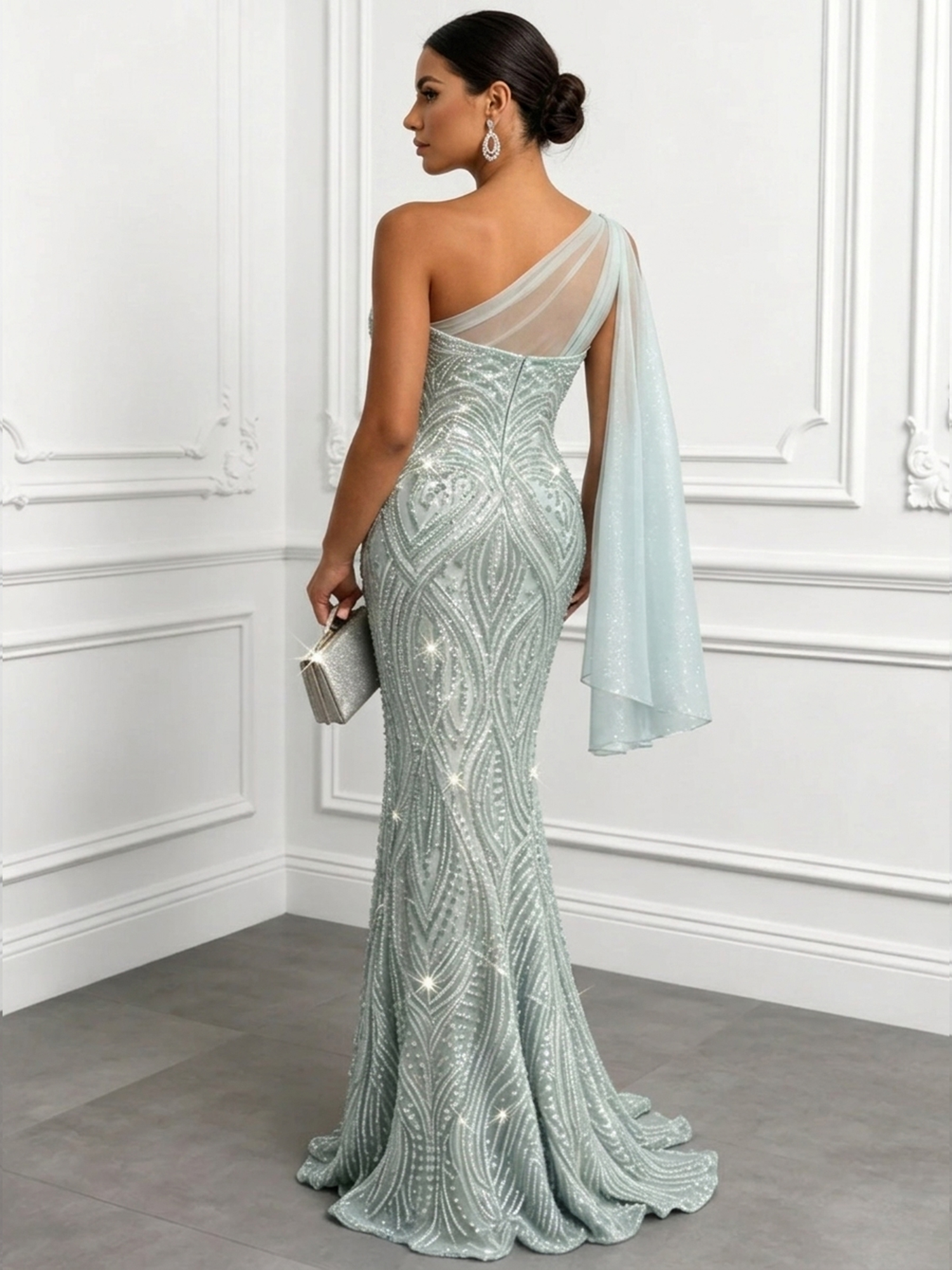 Shimmering Sage One-Shoulder Sequin Mermaid Evening Dress