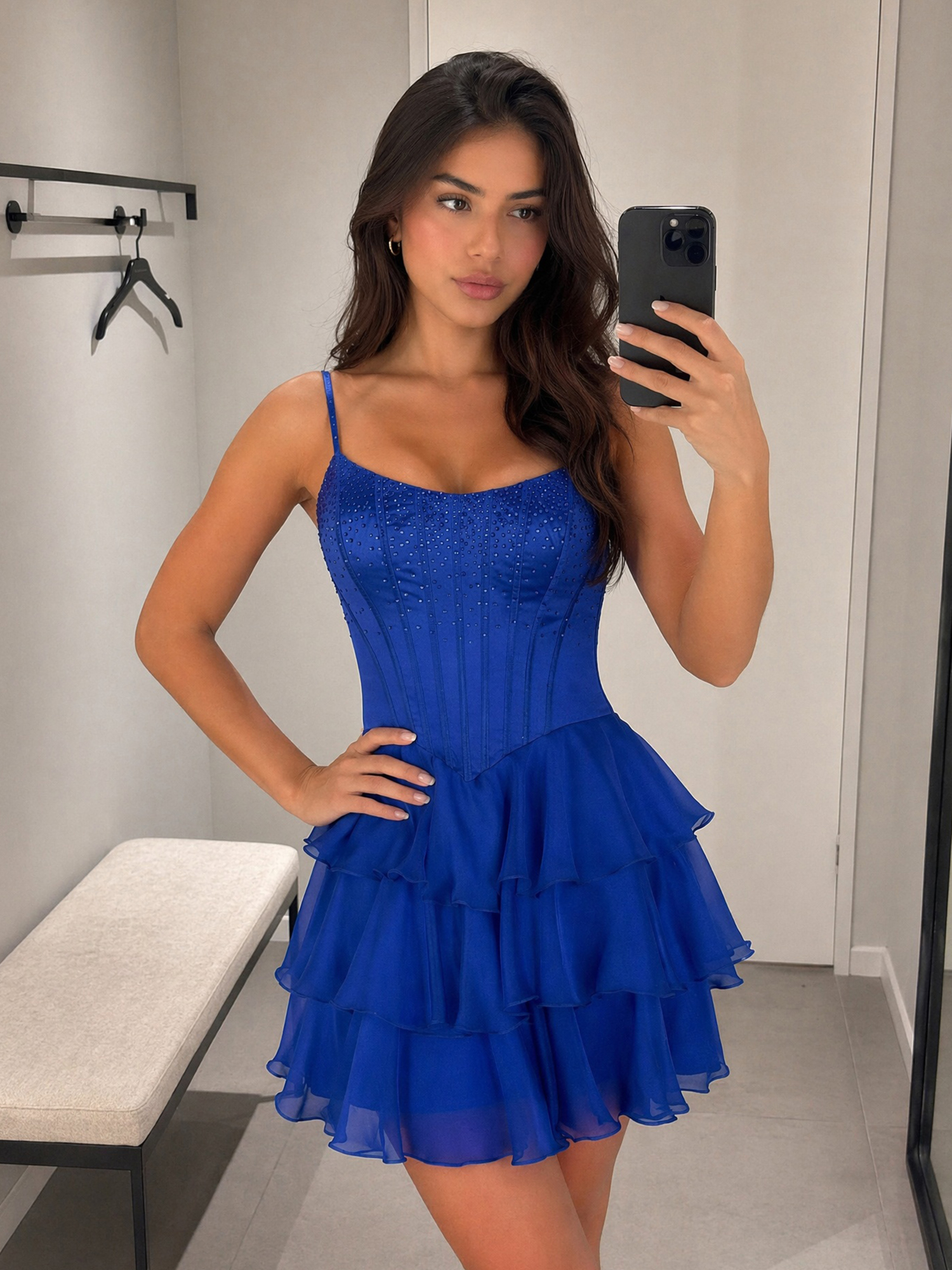 Royal Blue Rhinestone Corset Tiered Ruffle Homecoming Dress