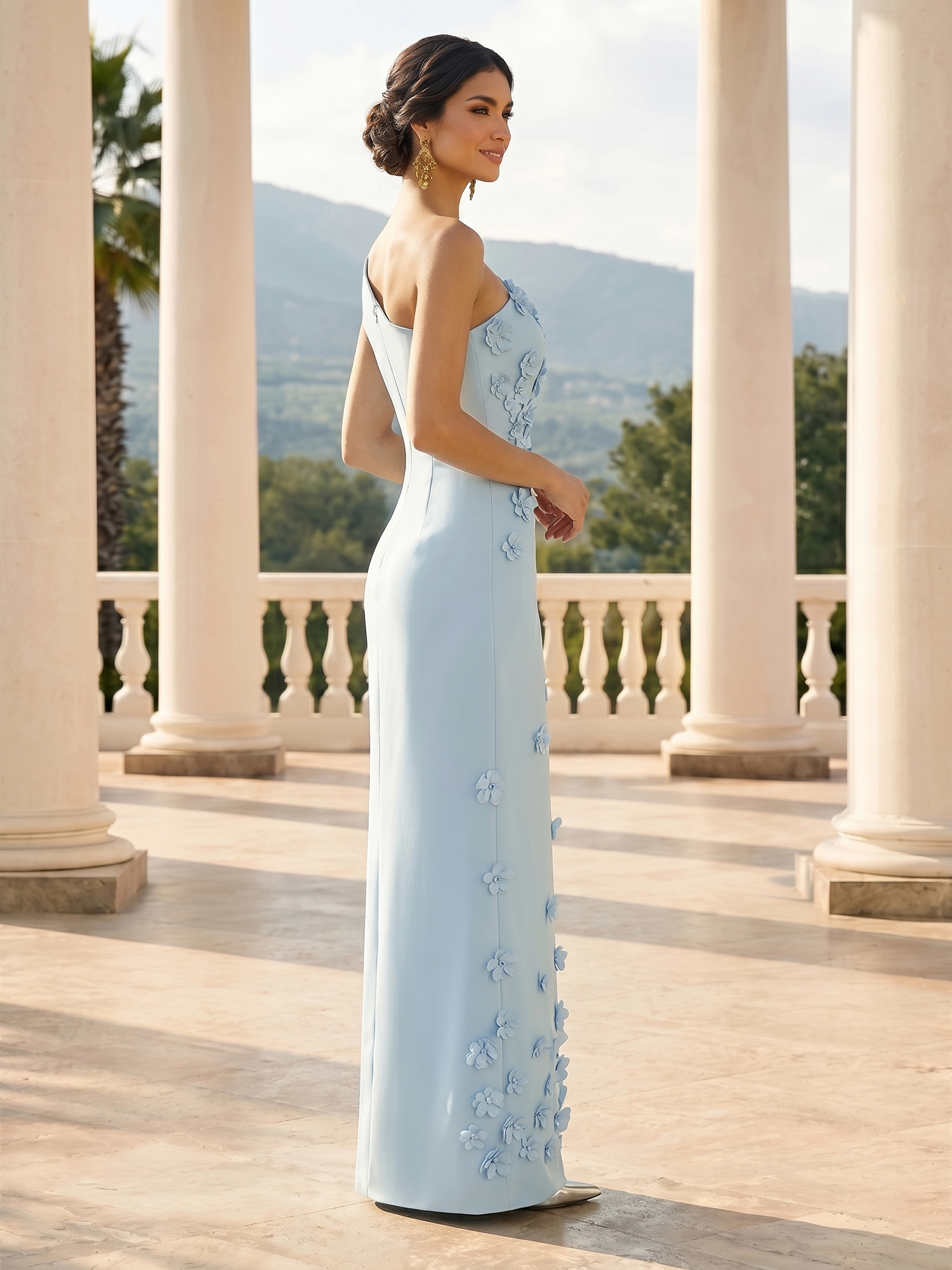 Enchanting Sky Blue One-Shoulder Evening Dress with 3D Floral Appliqués