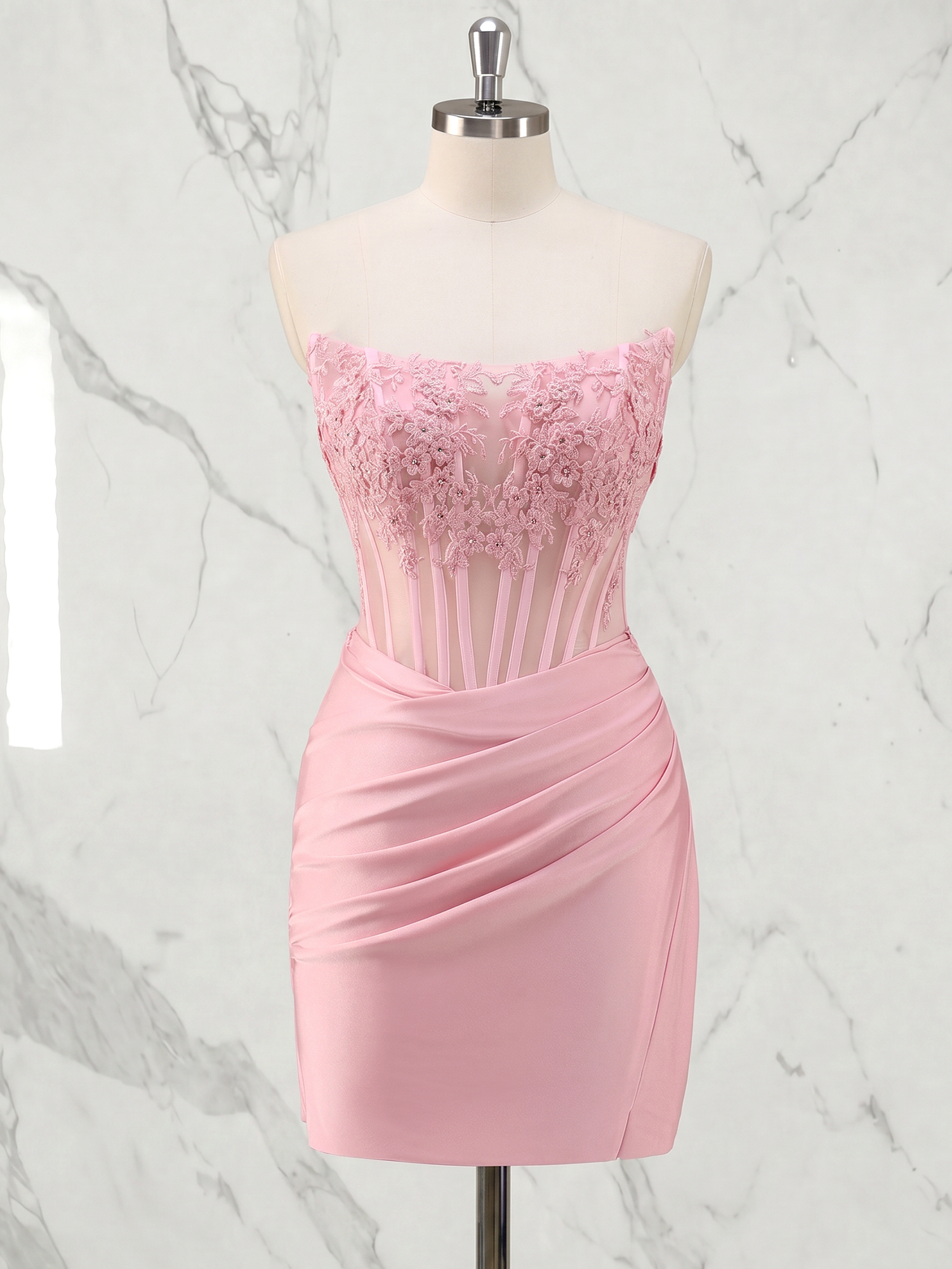Ethereal Pastel Pink Embroidered Corset Homecoming Dress