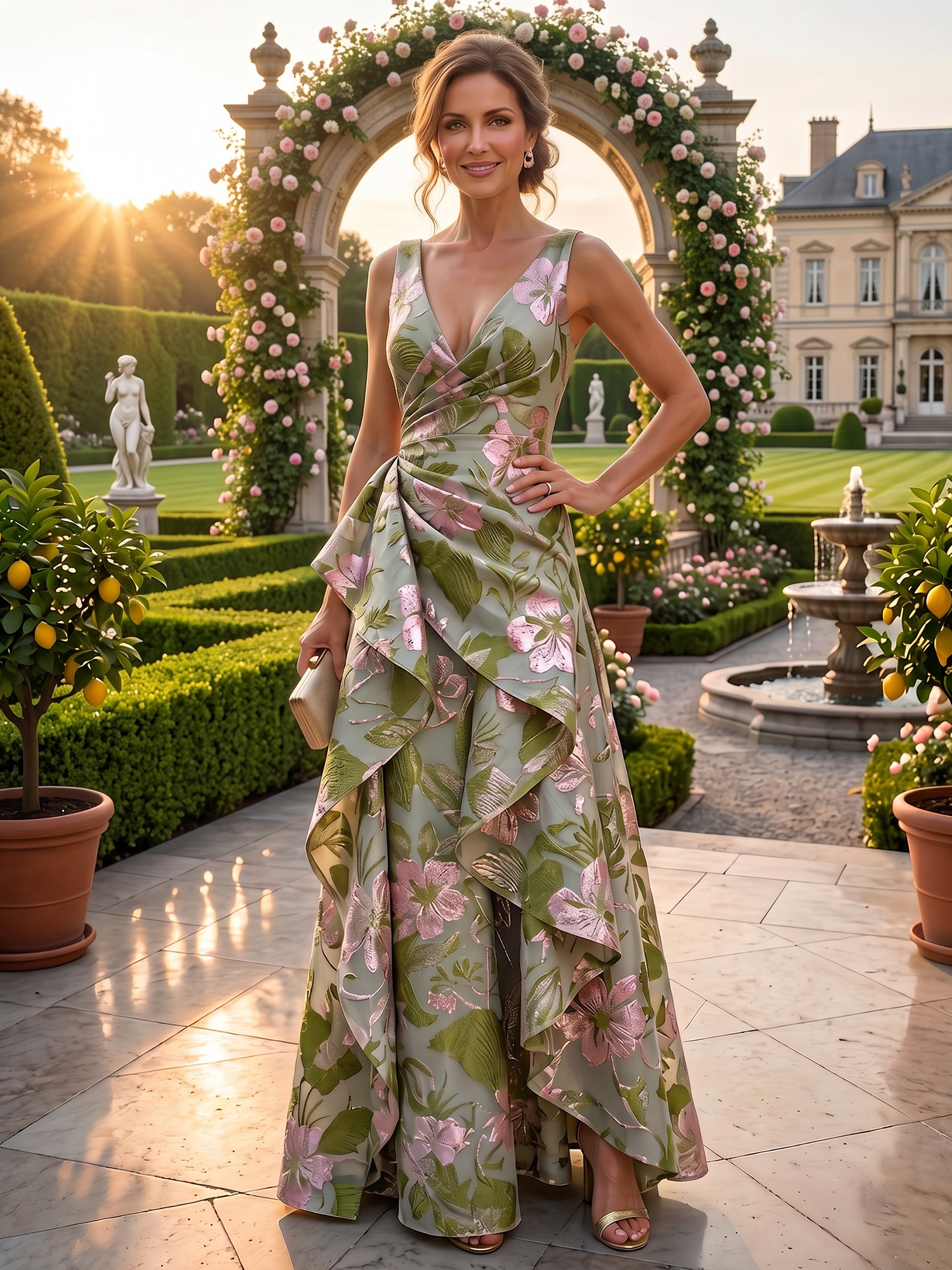 Ethereal Sage Green Botanical Garden Rose Floral Brocade Mother of the Bride & Groom Dresses with Plunging V-Neckline