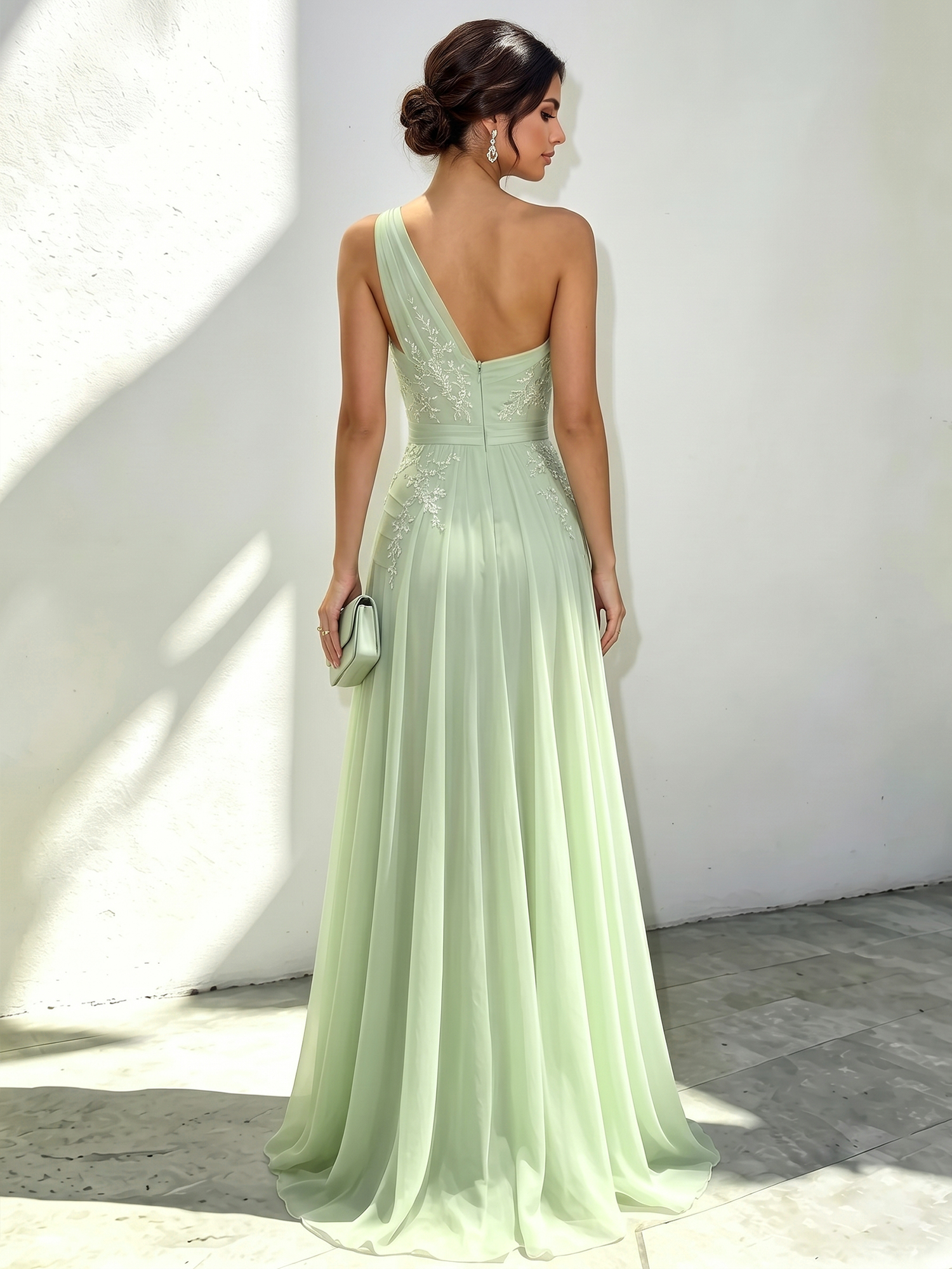Ethereal Mint Green One-Shoulder Chiffon Evening Dress with Delicate Floral Embroidery