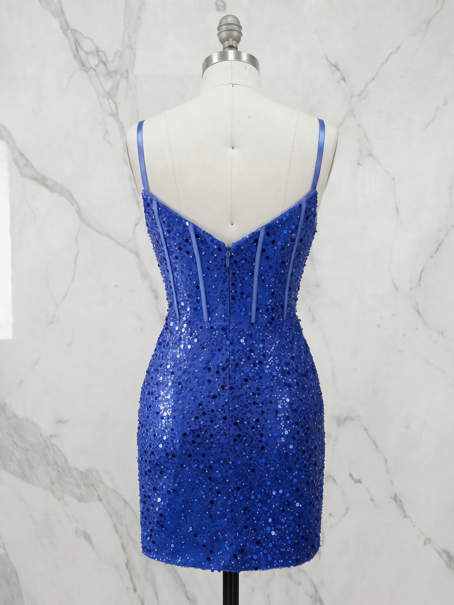 Radiant Royal Blue Sequin Illusion V-Neck Corset Homecoming Dress
