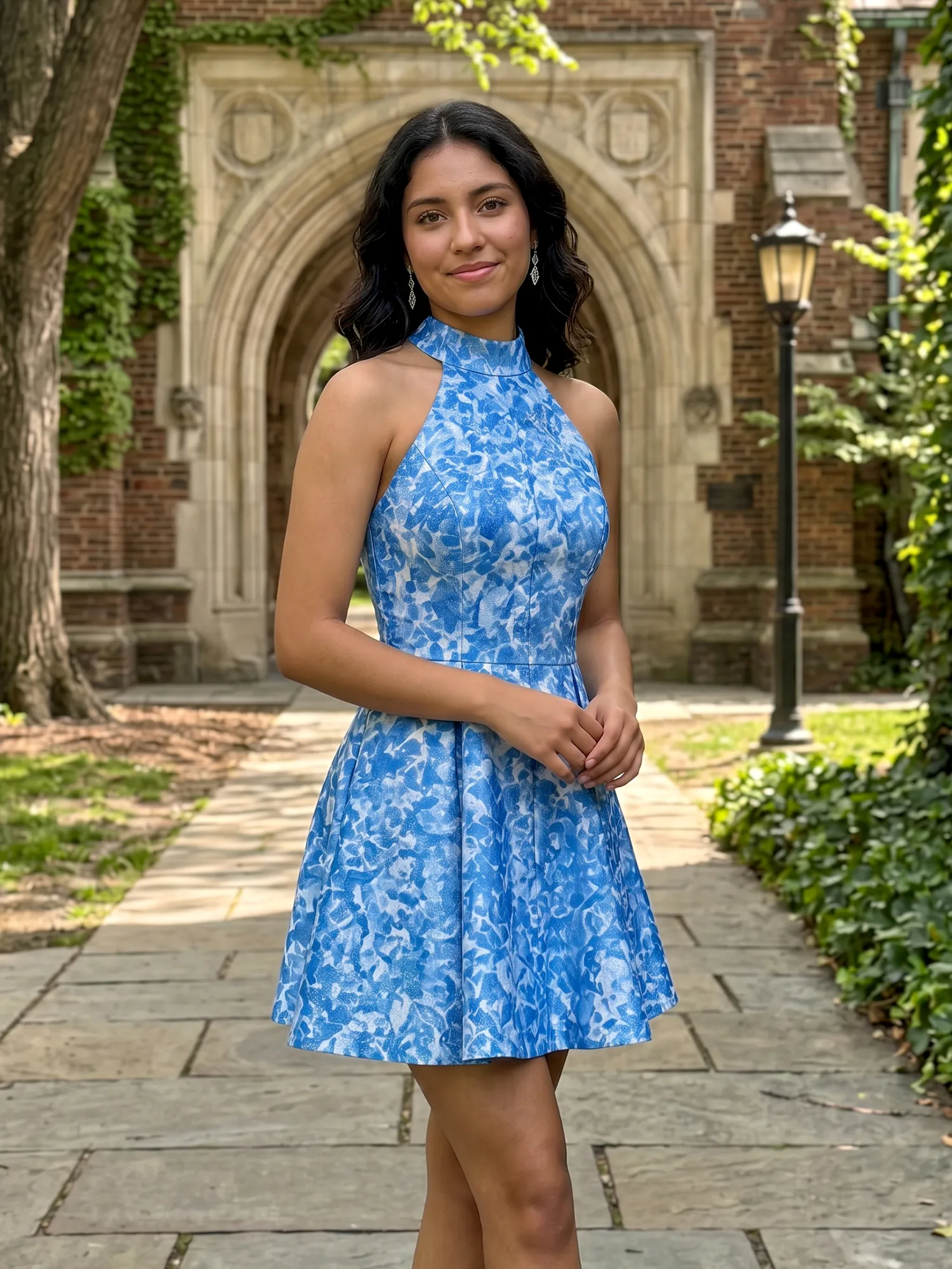 Blue Floral Print Halter Neck A-Line Homecoming Dress