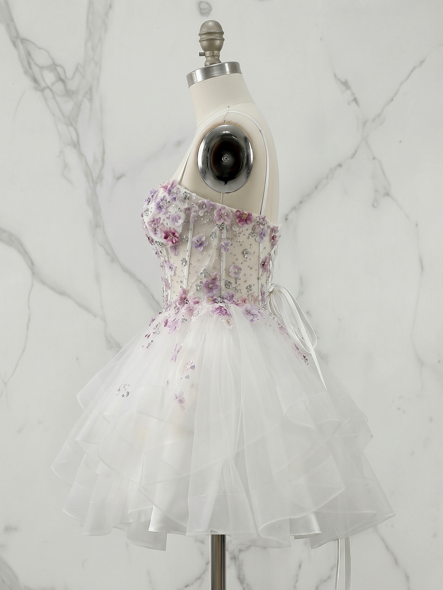 Lavender Mist 3D Floral Corset Tiered Mini Dress with Slender Straps Homecoming Dress