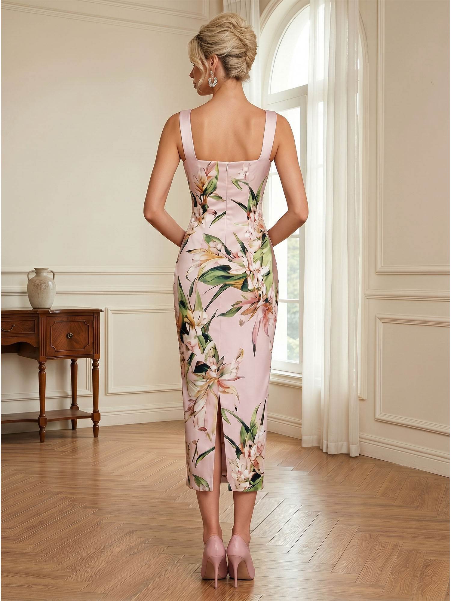 Romantic Blush Pink Floral Satin Column Midi Formal Evening Dress