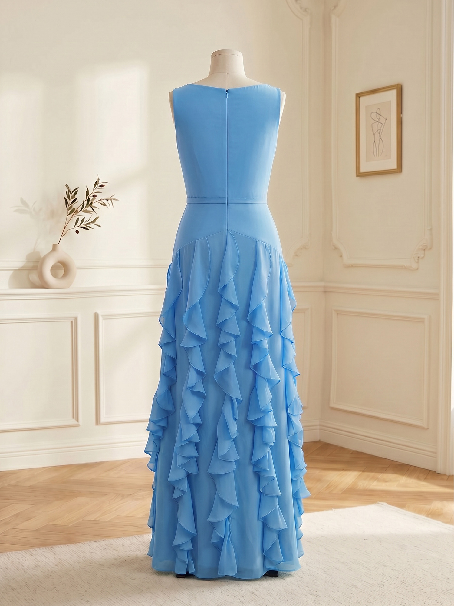 Ethereal Powder Blue Cascading Ruffle Maxi Formal Evening Dress