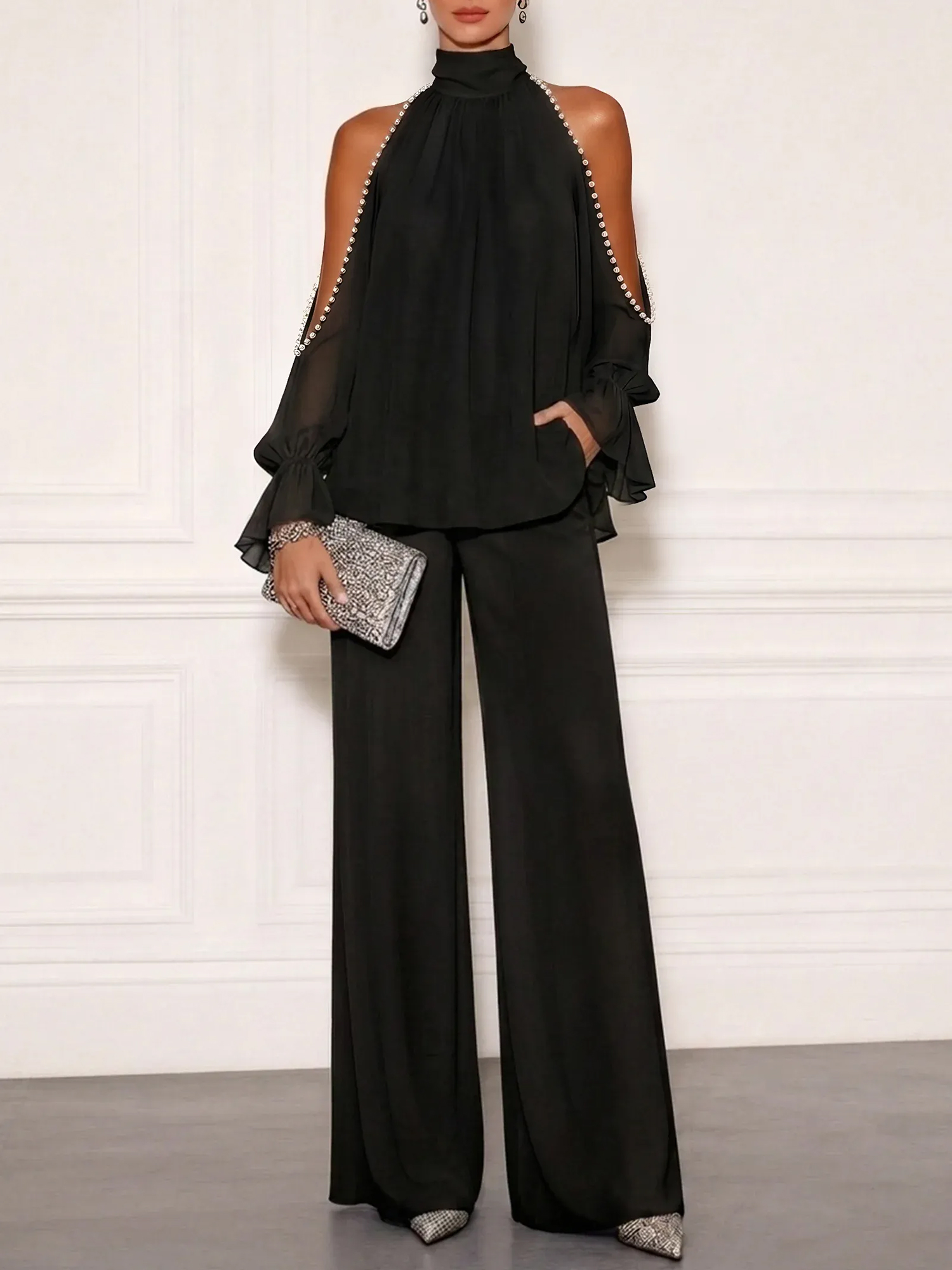 Sophisticated Embellished Cold Shoulder Formal Evening Jumpsuit