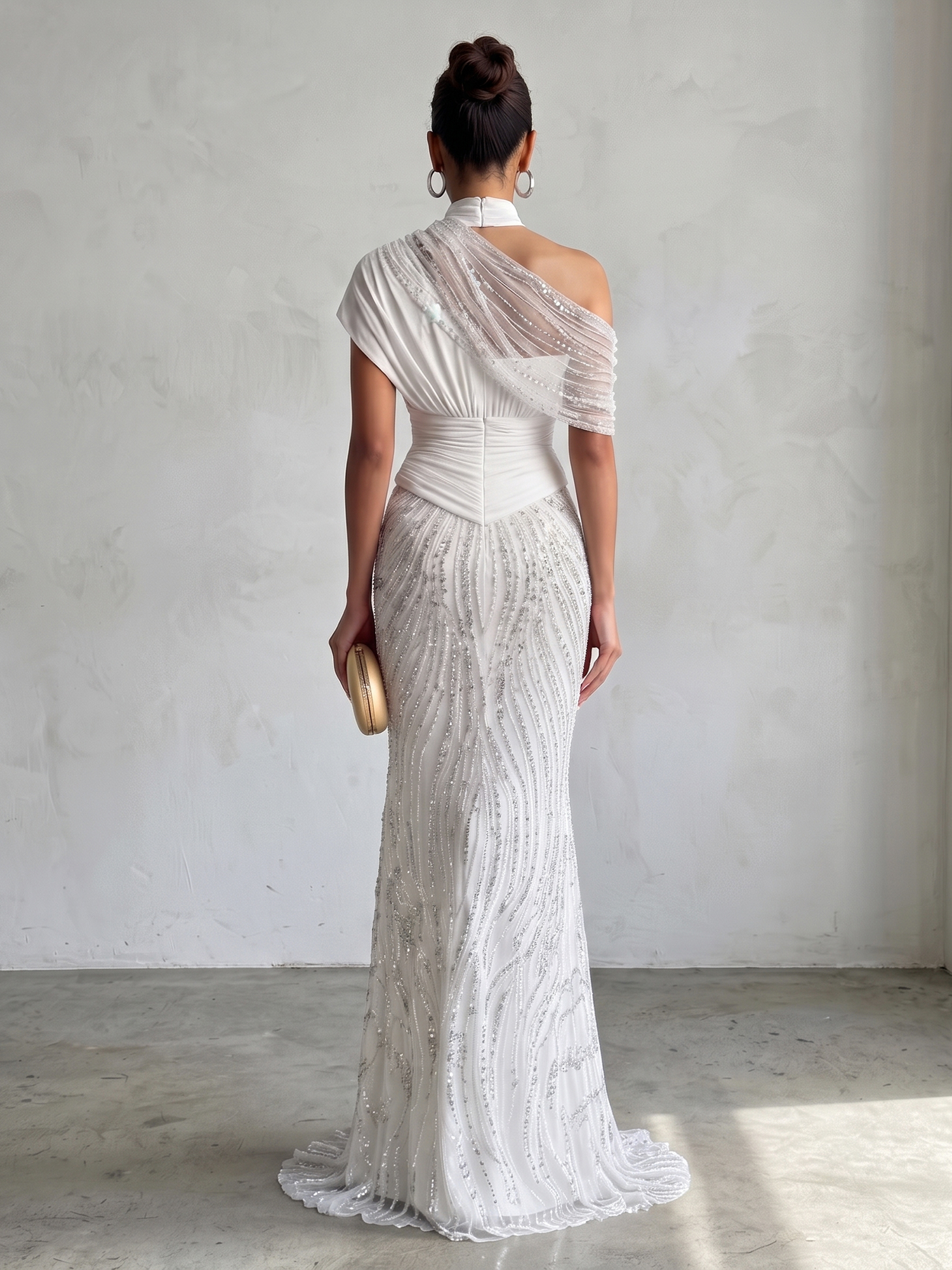 Ethereal White Beaded High-Neck Draped Sheath Formal Evening Dress