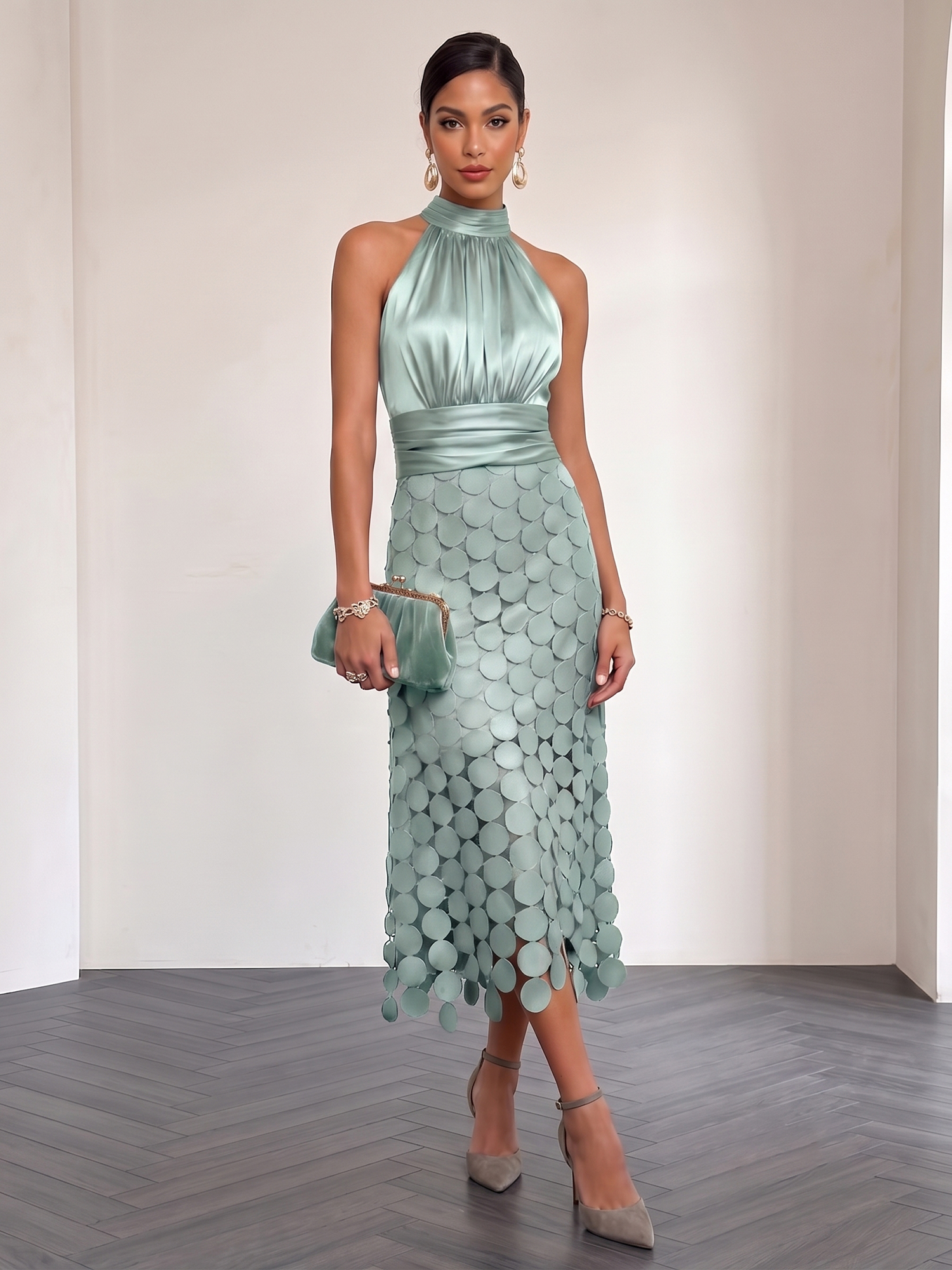Ice Blue Satin Halter Circle Motif Midi Formal Evening Gown