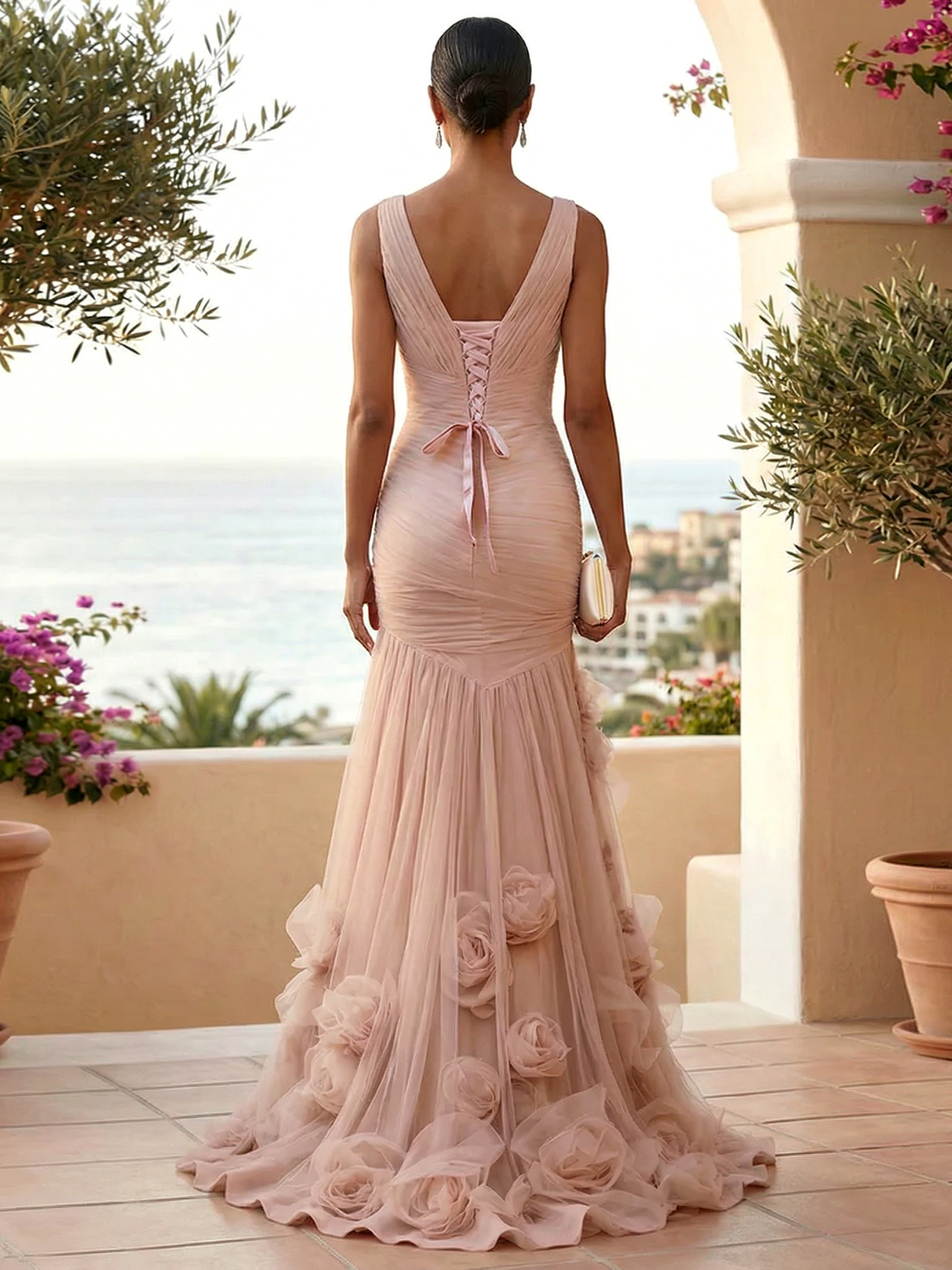 Sweetheart Tulle V Neck Pleat Mermaid Evening Dresses with 3D Flower