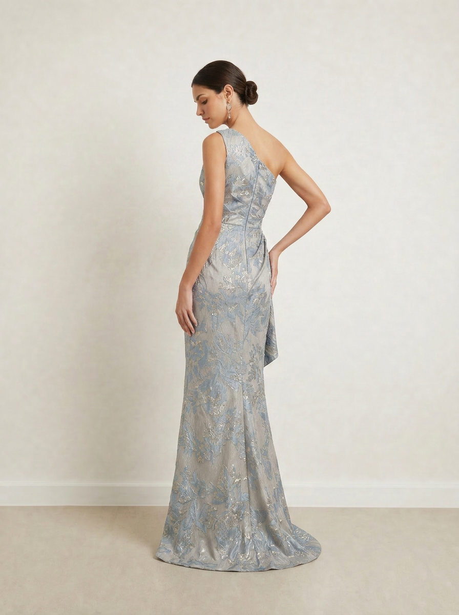 Regal Icy Blue Metallic Jacquard One-Shoulder Formal Evening Dress