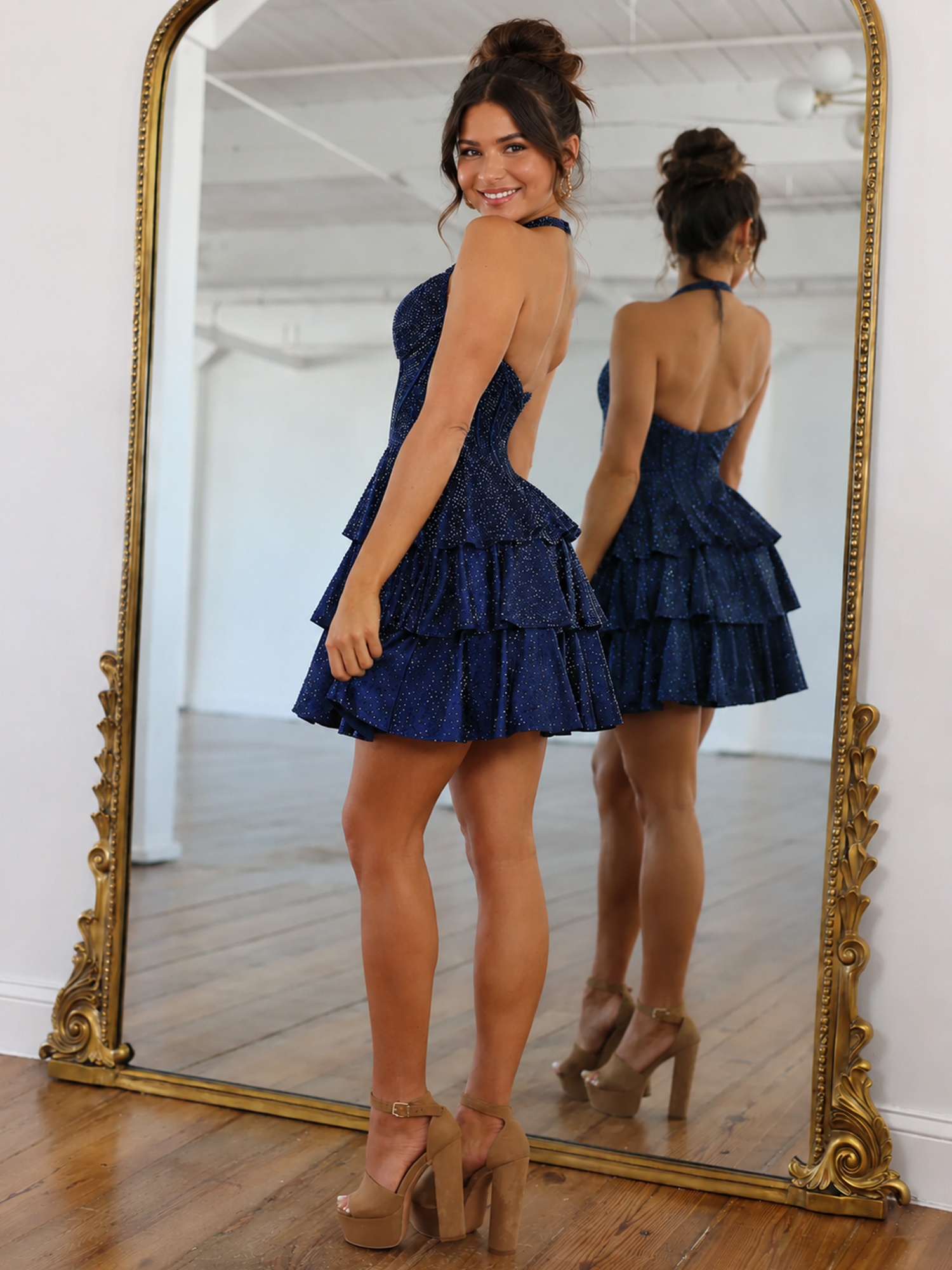 Sparkle Tiered Halter Sweetheart A-Line Homecoming Dress