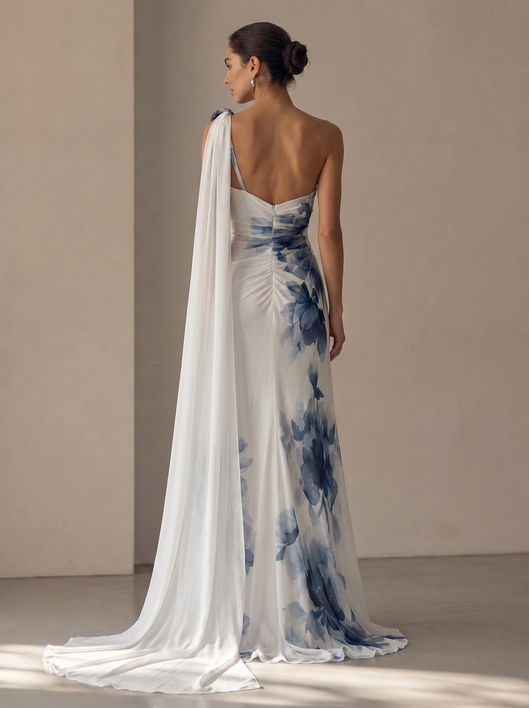 Ethereal Blue Watercolor Floral Cape One Shoulder Formal Evening Dress With Slit