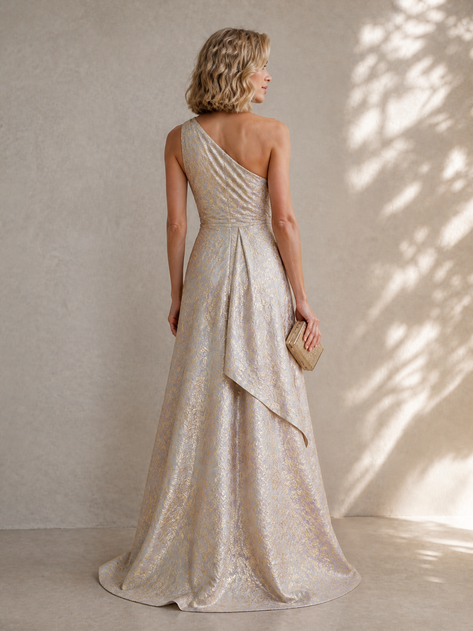 Luminous Gold Brocade One-Shoulder Draped Slit Maxi Formal Evening Dress 