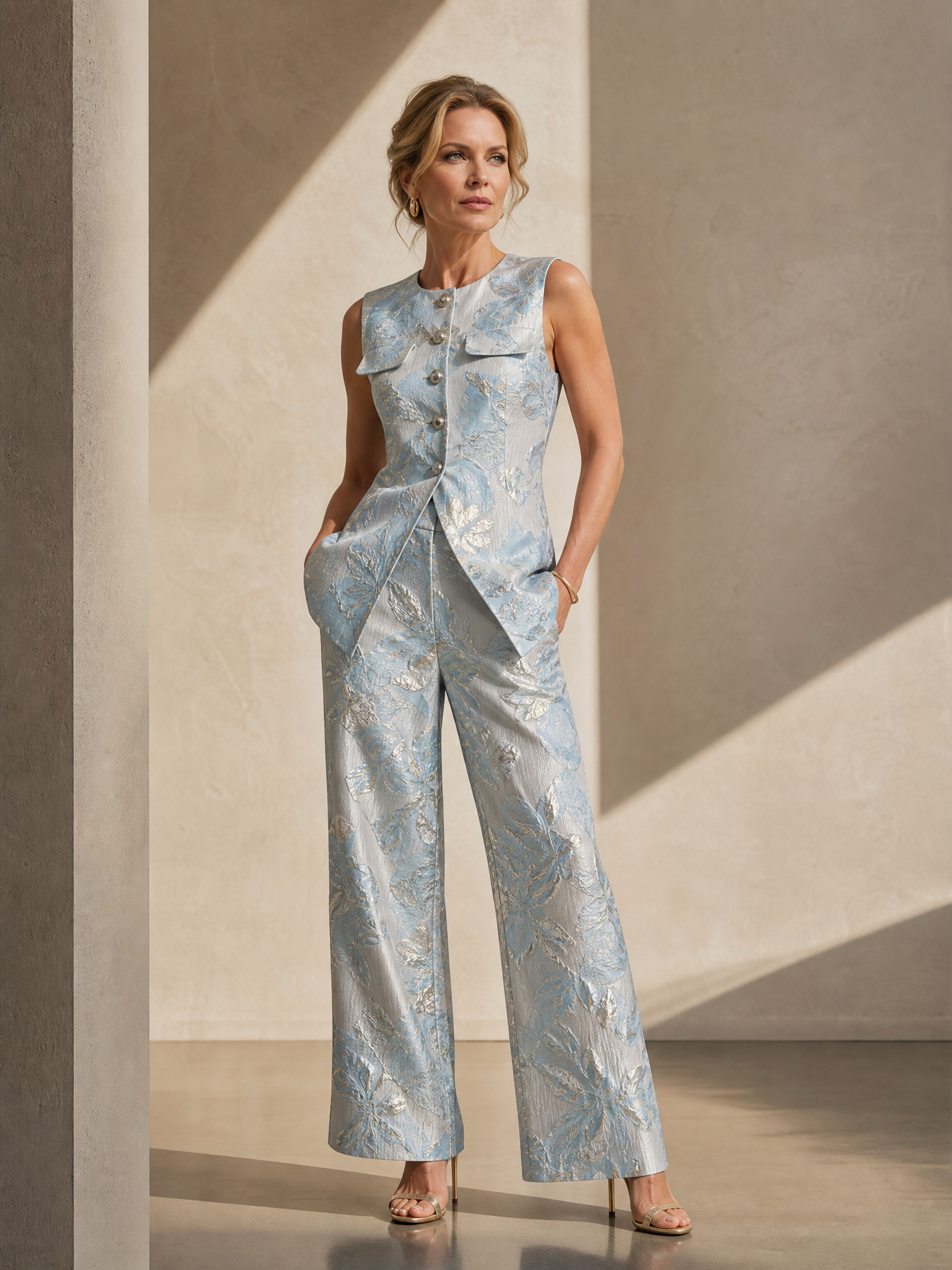 Ethereal Frost Blue Brocade Sleeveless Crew Neckline Gown Dress