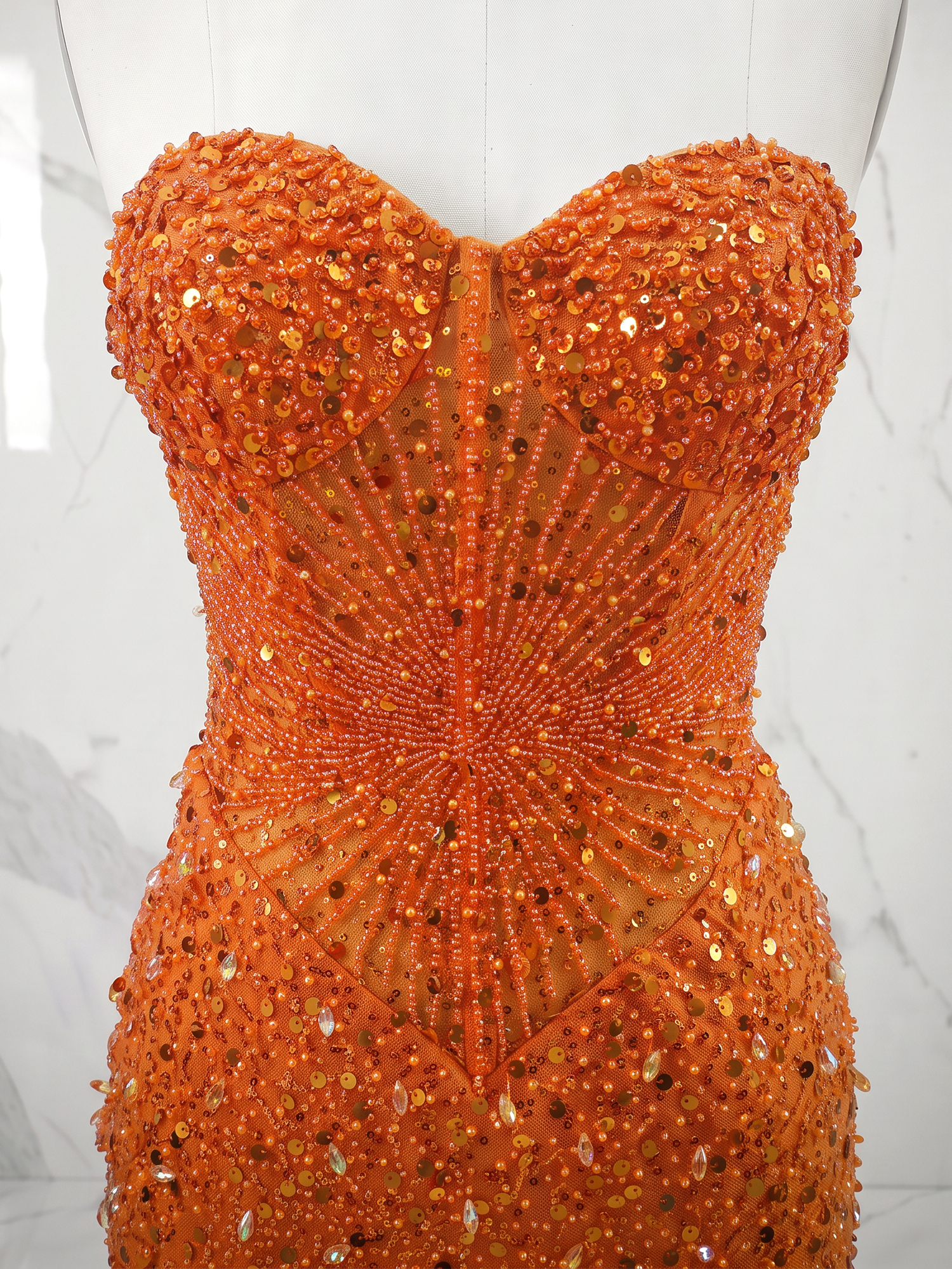 Burnt Orange Beaded Sequin Sweetheart Corset Sheath Homecoming Dress
